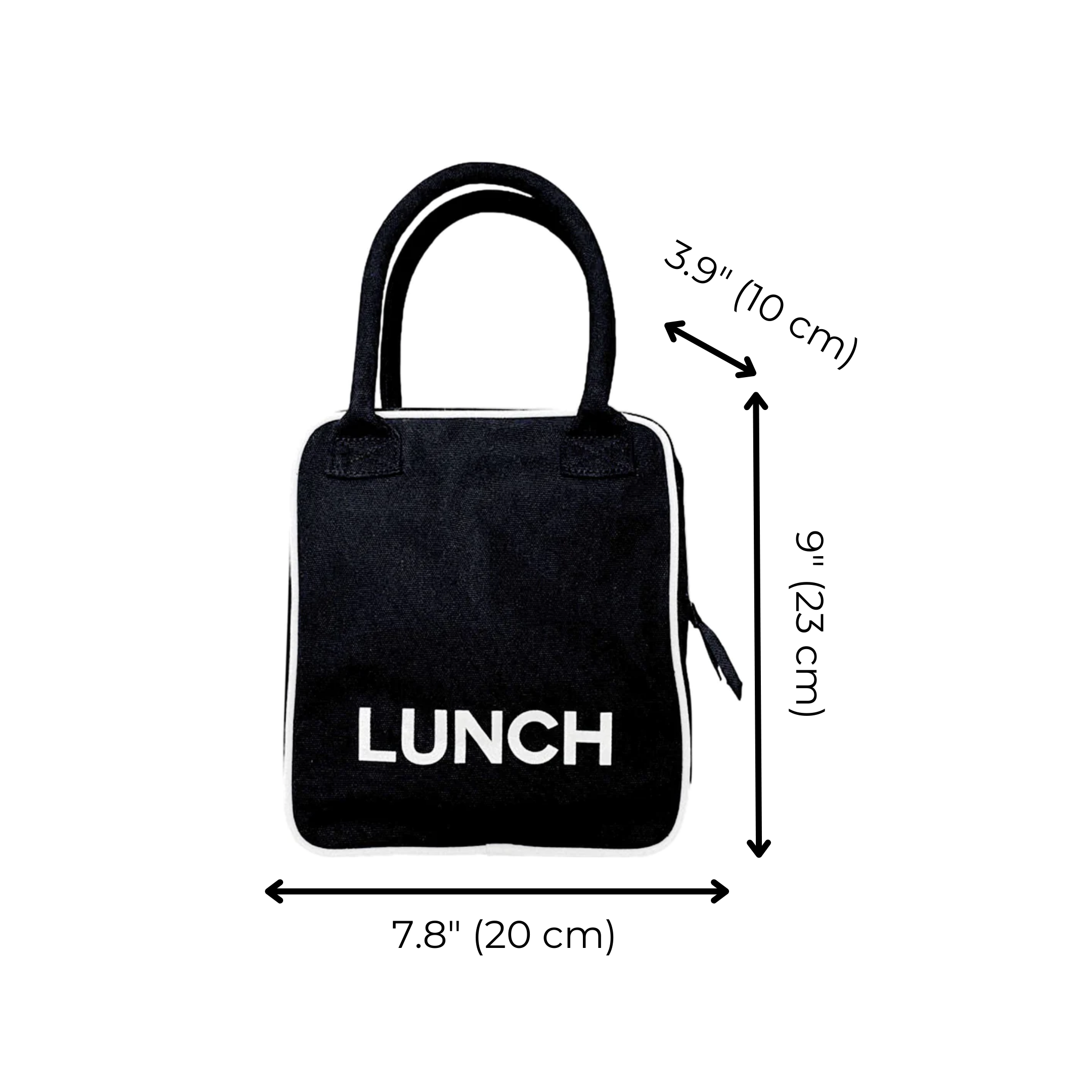 Bag-all Black Insulated Lunch Box with white trim, measuring 7.8x9x3.9 inches, featuring padded handle and metal zipper, perfect for stylish meal transport