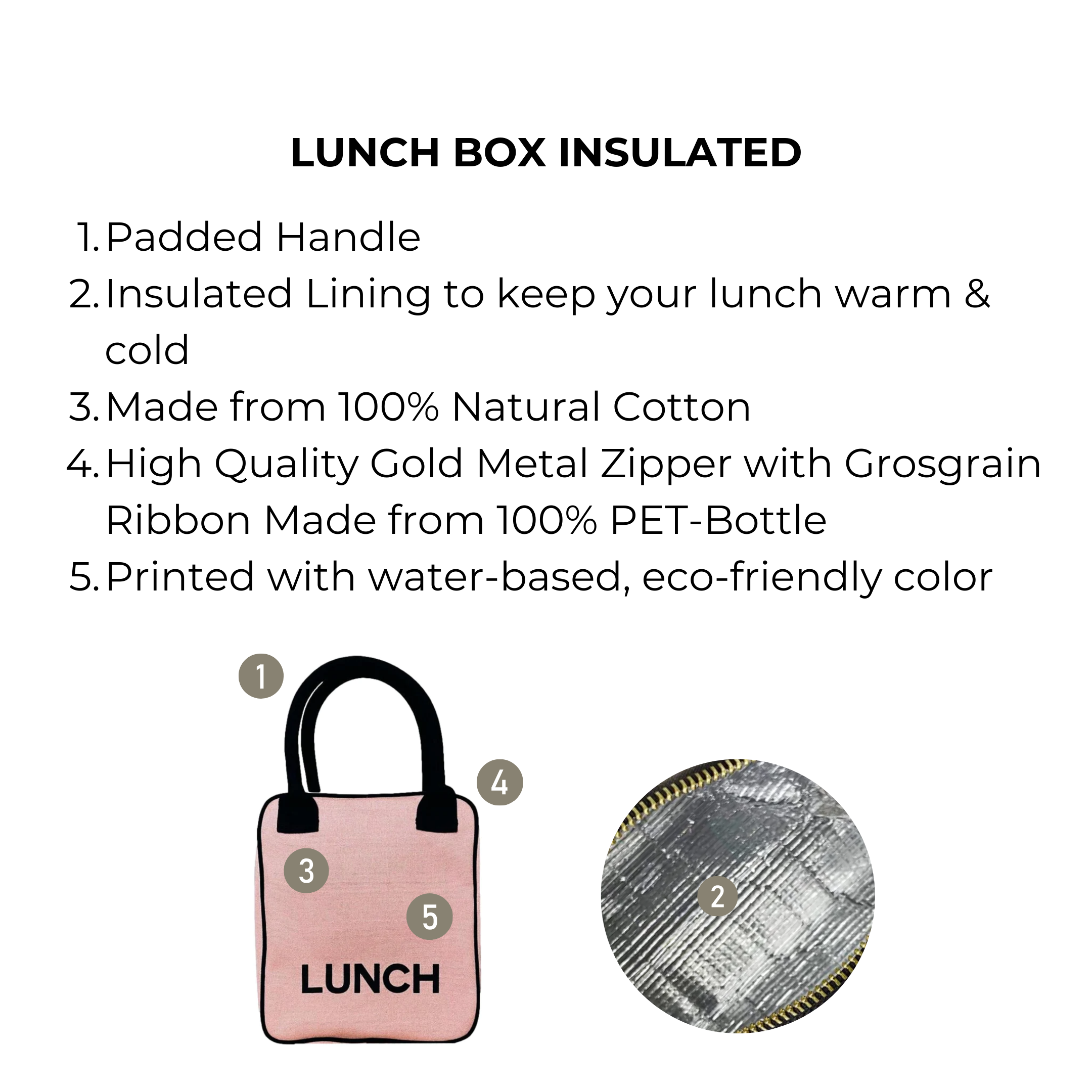 Bag-all pink insulated lunch box with padded handle, natural cotton exterior, thermal lining, and gold metal zipper. Stylish blush design with black accents, ideal for work or school meals.