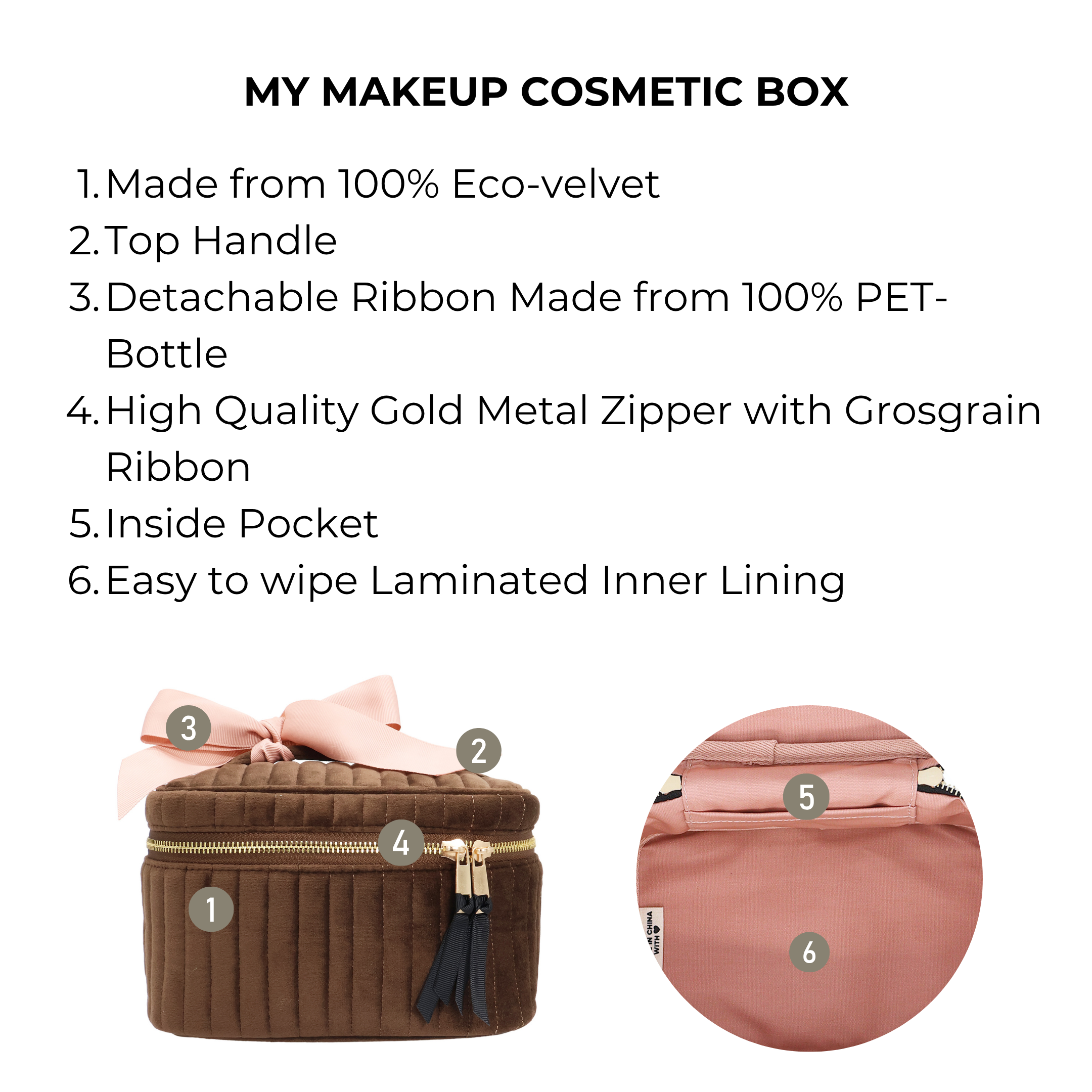 My Makeup Cosmetic Box – Quilted Eco Velvet – Espresso Brown with gold zipper, detachable pink ribbon, top handle, and wipe-clean interior by Bag-all.