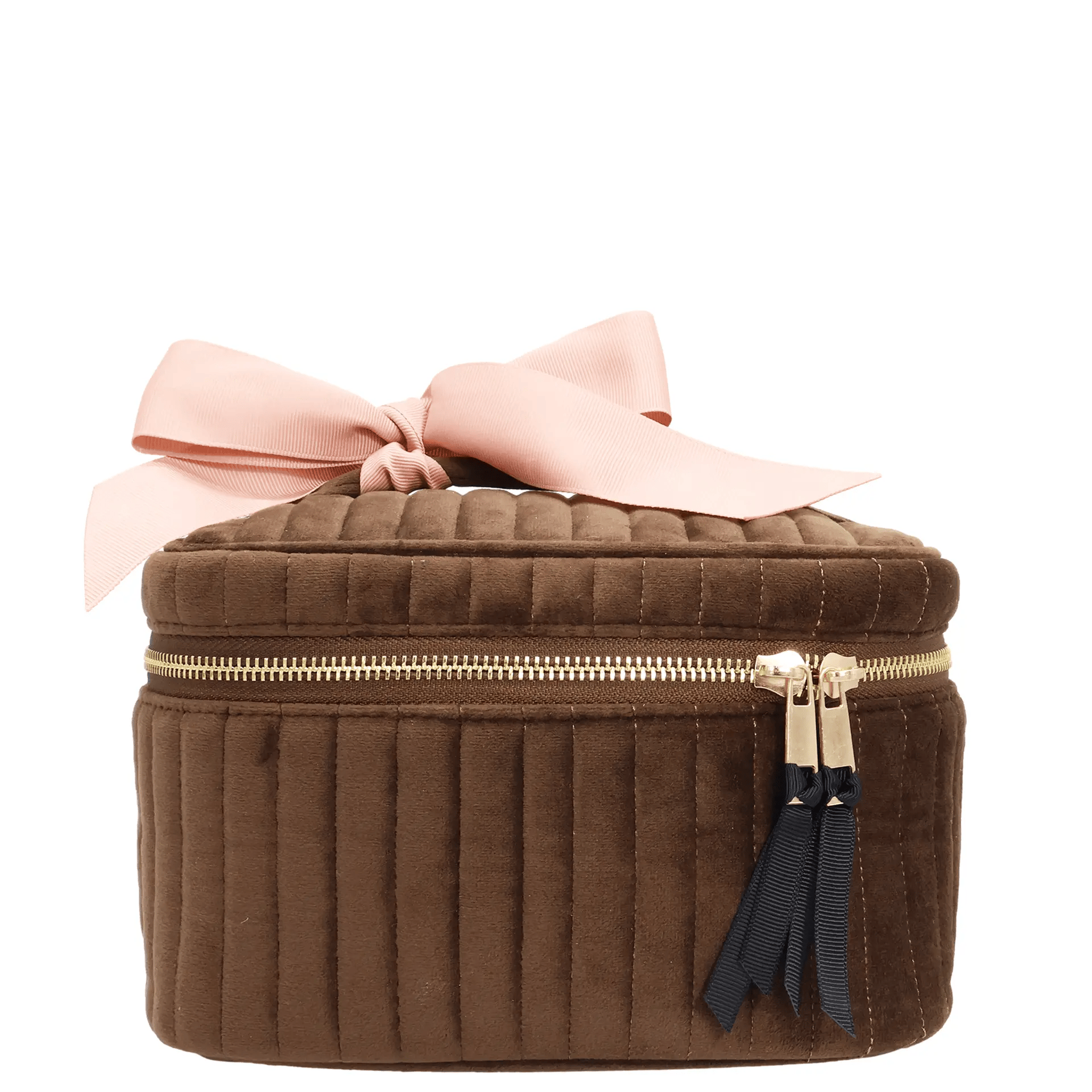 My Makeup Cosmetic Box – Quilted Eco Velvet – Espresso Brown with pink ribbon, gold zipper, and black pulls, designed for personalized travel organization by Bag-all.