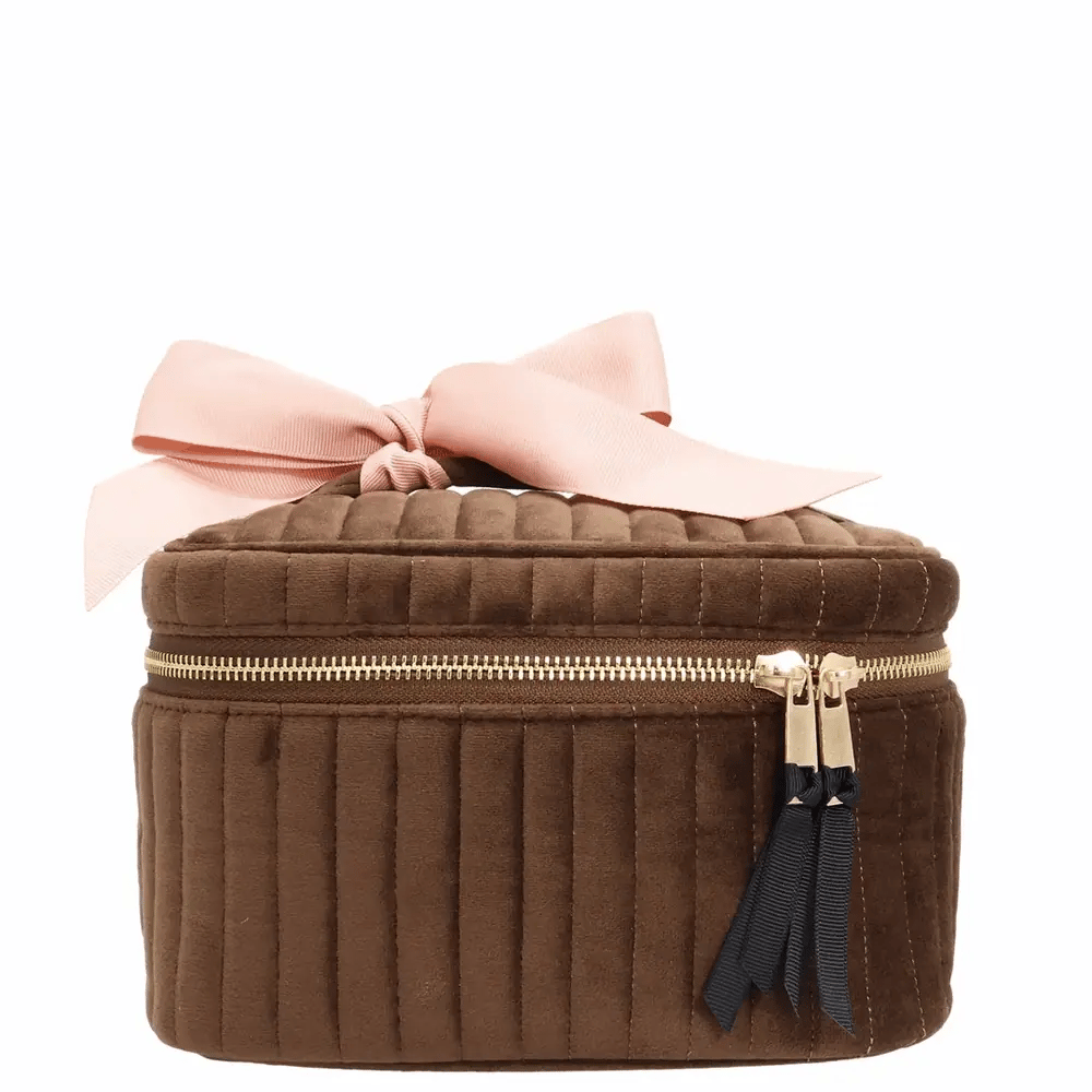 My Makeup Cosmetic Box – Quilted Velvet – Espresso Brown Bag-all brown quilted case with pink bow and dual zippers