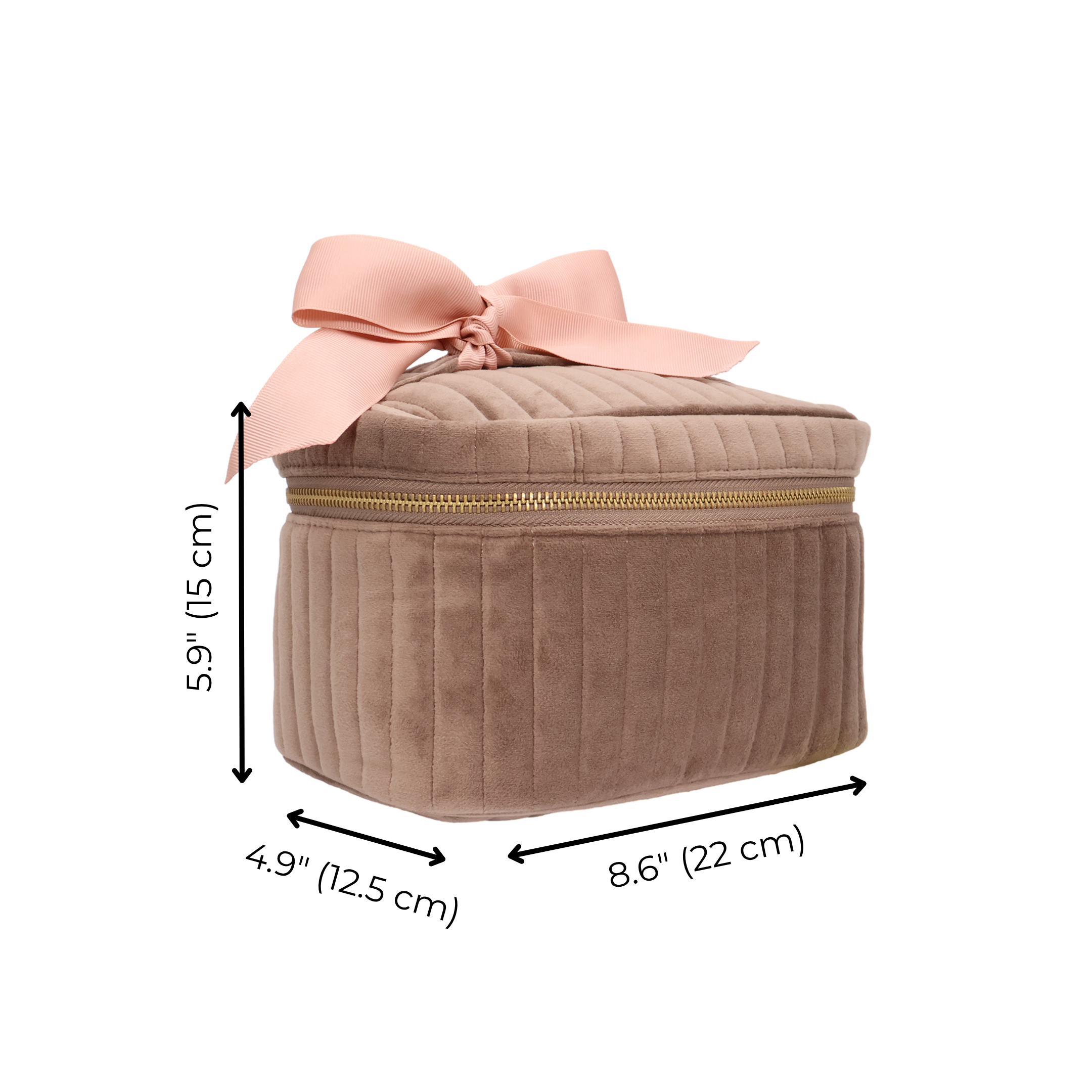 My Makeup Cosmetic Box – Quilted Eco Velvet – Latte Taupe with gold zipper, soft pink bow, and plush eco velvet, designed by Bag-all for travel organization.