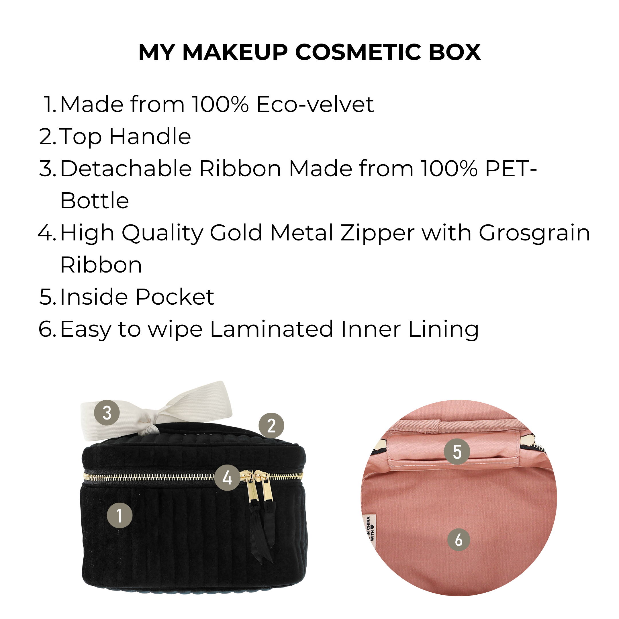 Bag-all My Makeup Cosmetic Box in quilted black velvet with gold zipper, top handle, and waterproof inner lining