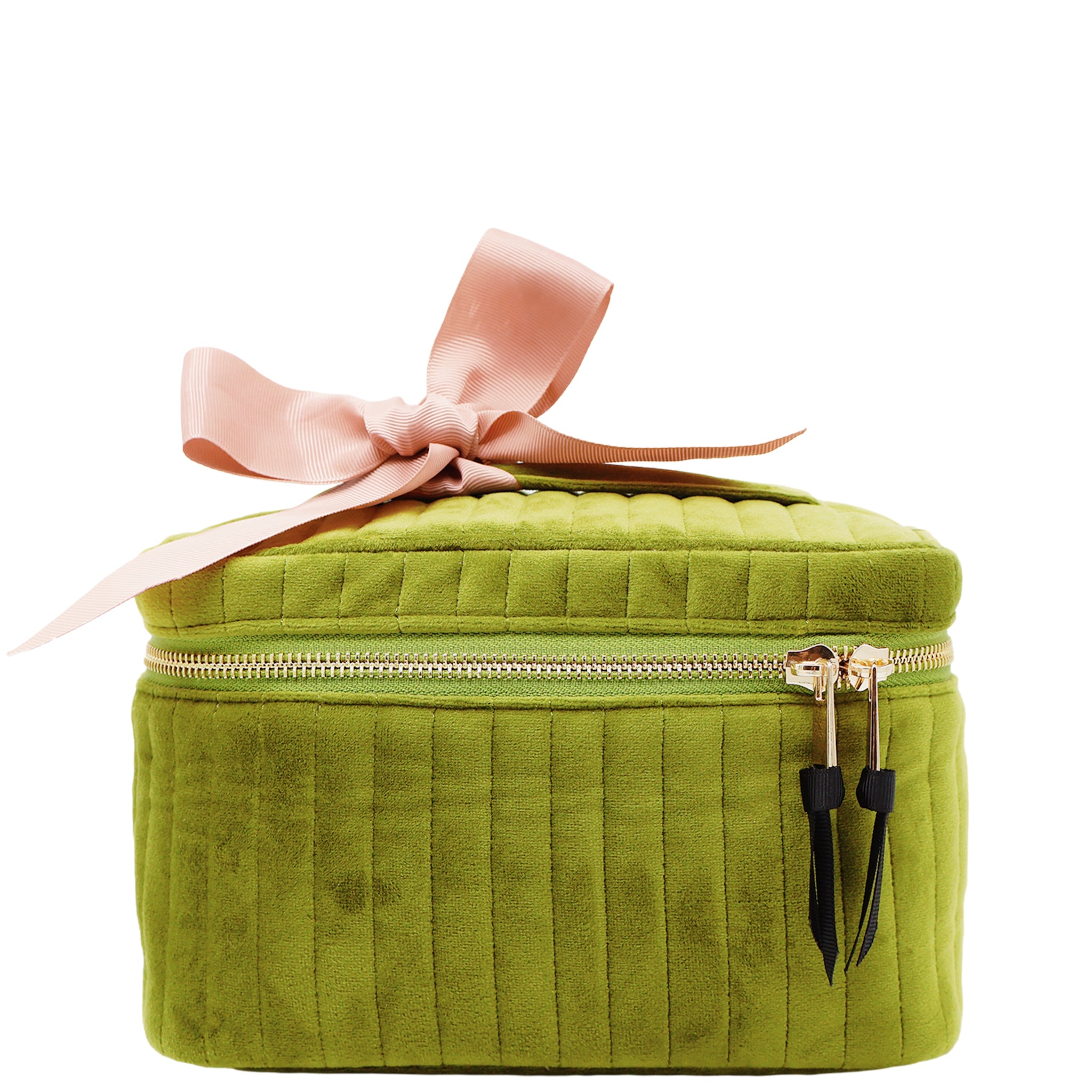 Bag-all My Makeup Cosmetic Box in luxurious green velvet with pink bow, featuring silver zipper closure and waterproof interior. Perfect square-shaped beauty organizer for home storage.