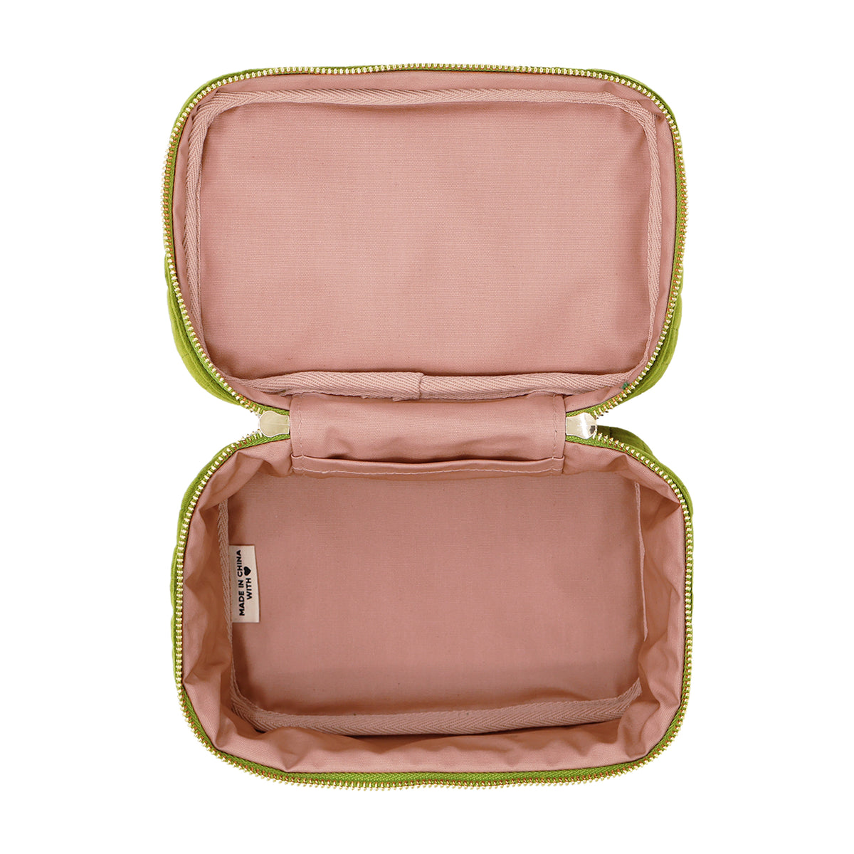 My Makeup Cosmetic Box – Quilted Eco Velvet – Matcha Green open for organized travel storage by Bag-all