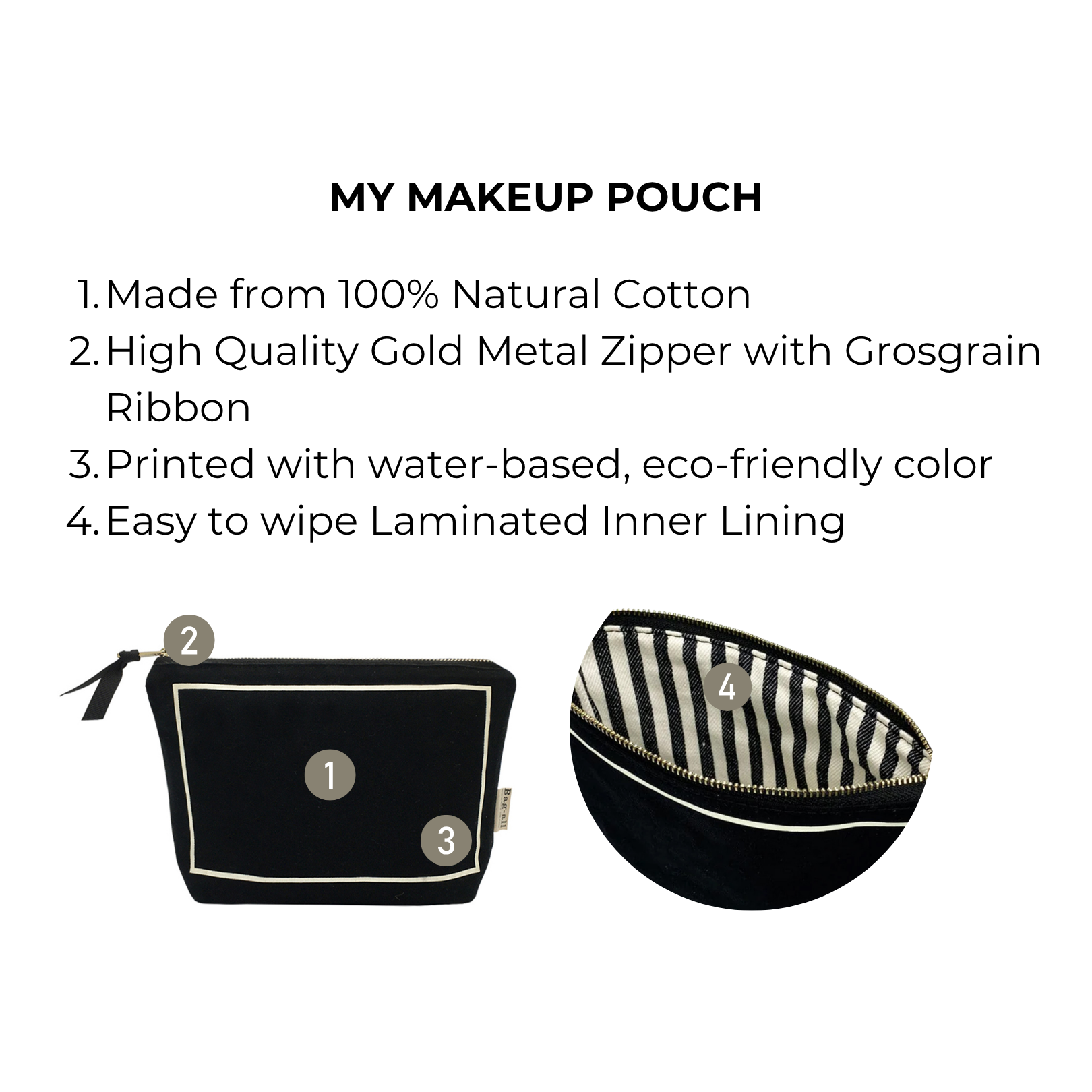 My Makeup Pouch Blank, Coated Lining – Black by Bag-all, black makeup pouch with gold zipper for travel organization