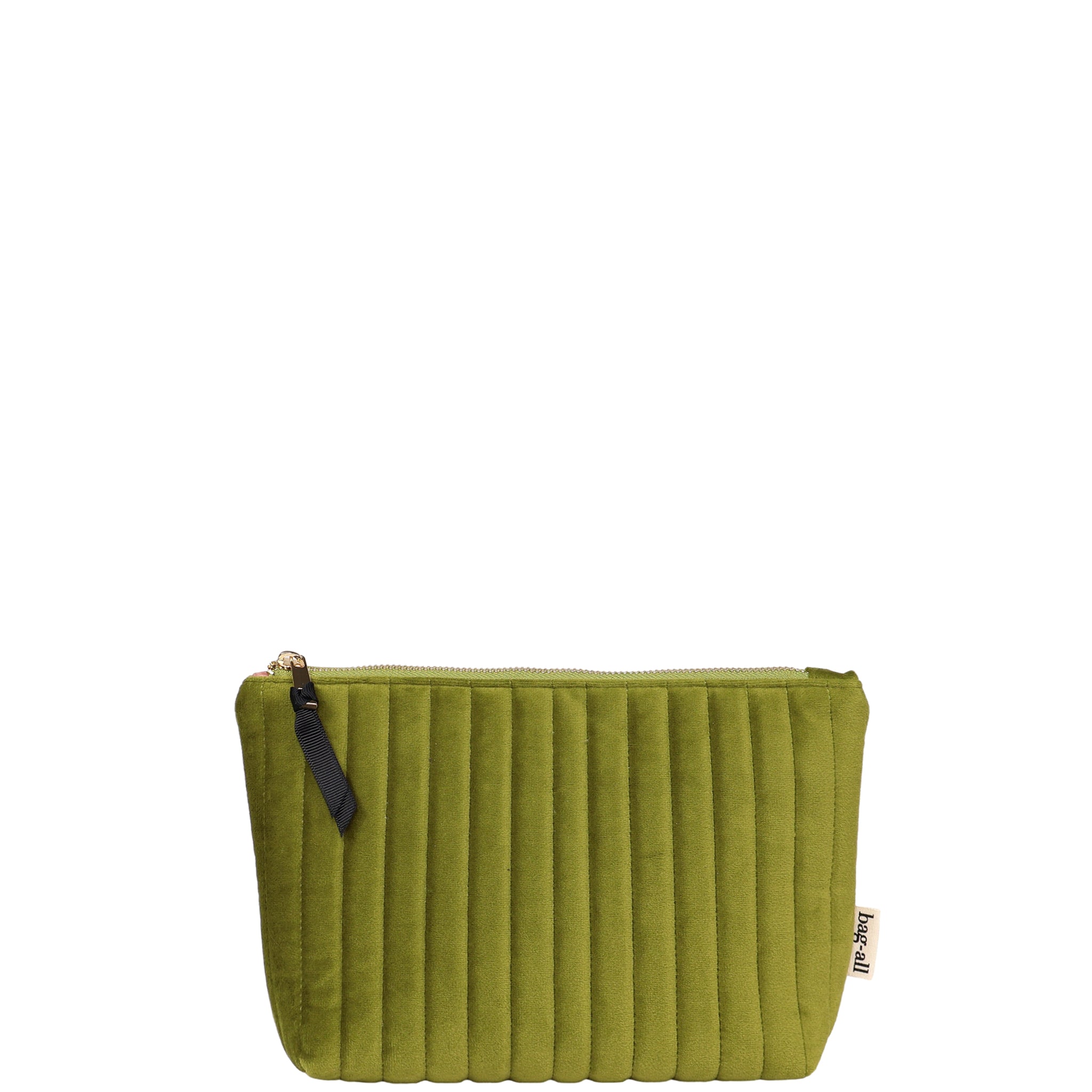 Quilted green velvet makeup pouch with coated lining and black zipper pull by Bag-all on white background