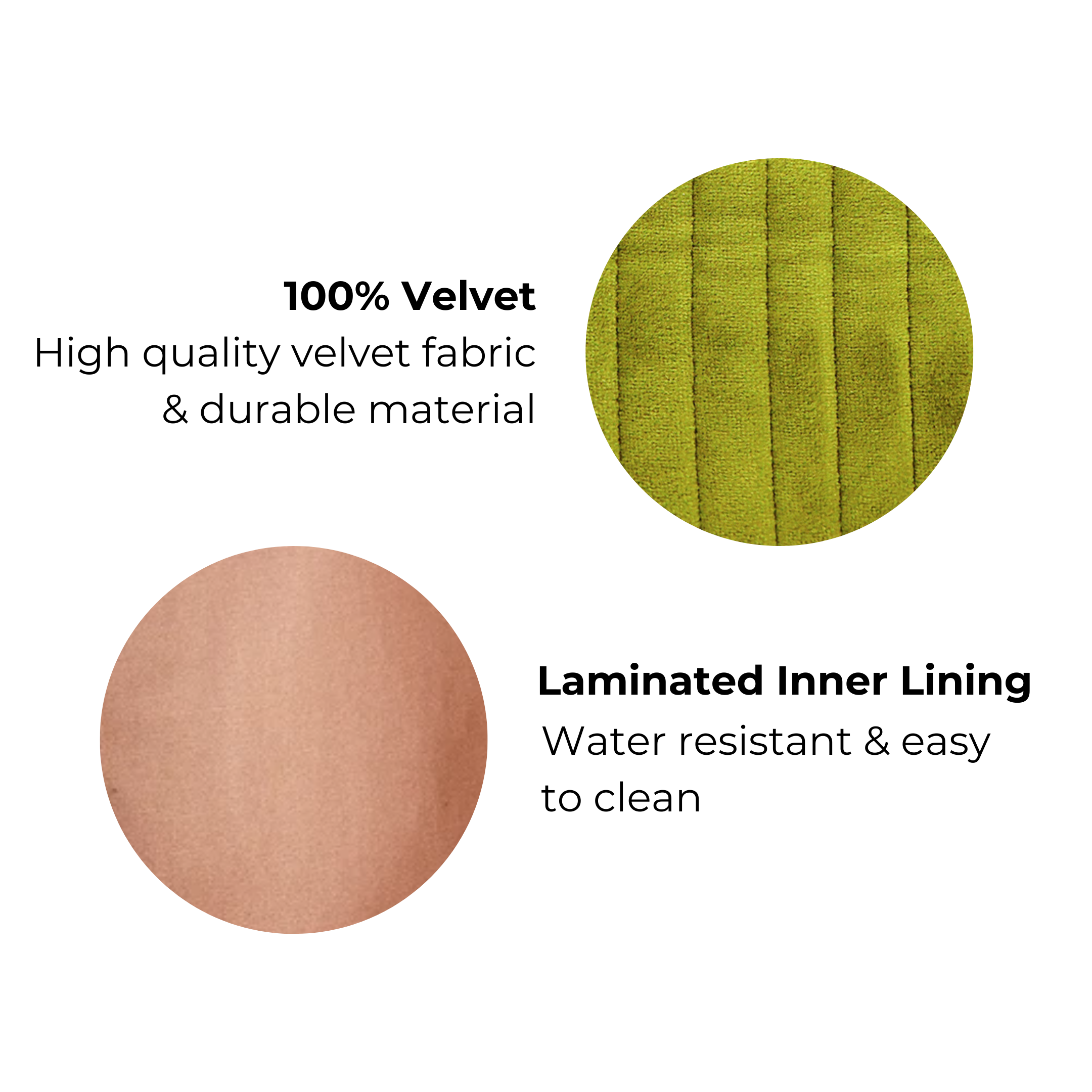 Close-up of green quilted velvet fabric and laminated inner lining details for Bag-all makeup pouch quality and durability