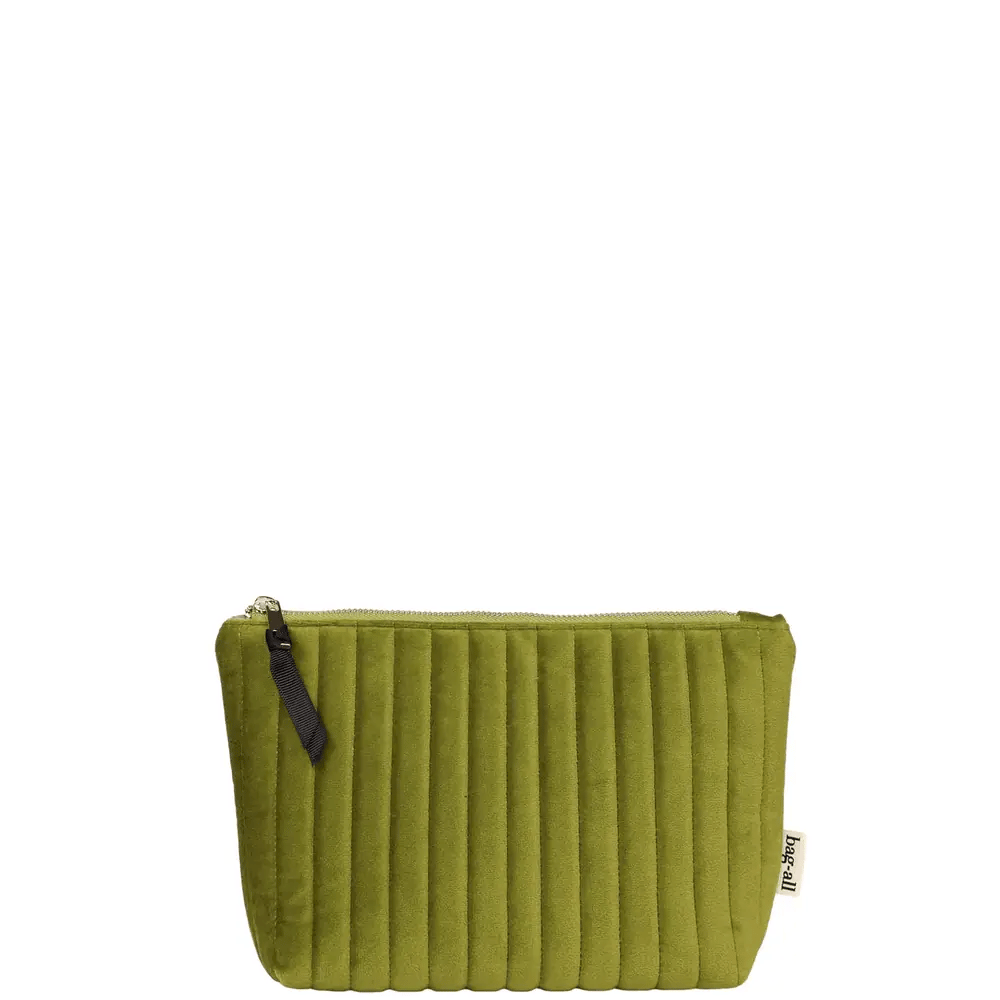 Bag-all quilted green velvet makeup pouch with coated lining and black zipper pull on white background