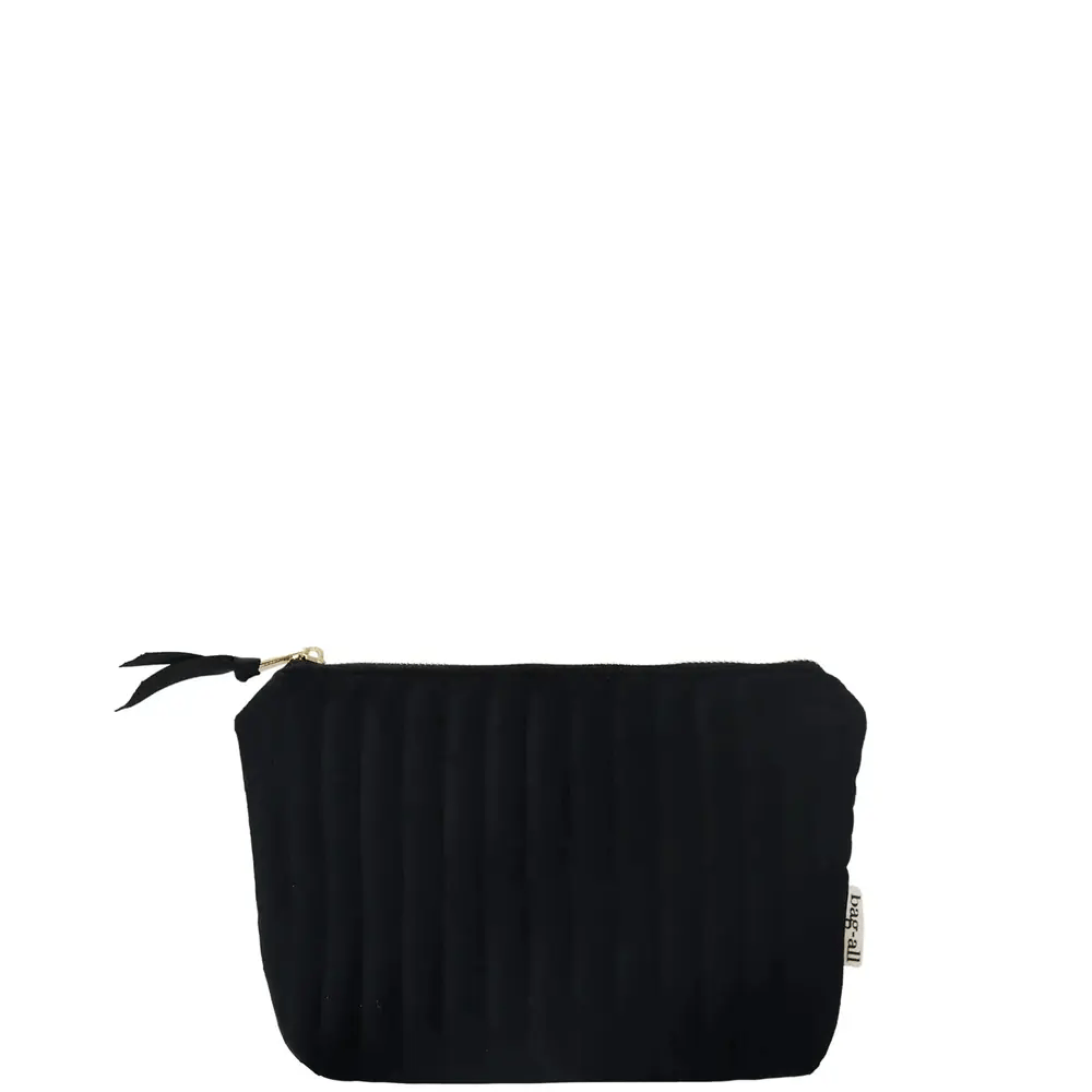 Black quilted velvet makeup pouch with coated lining and zipper, compact and eco-friendly by Bag-all