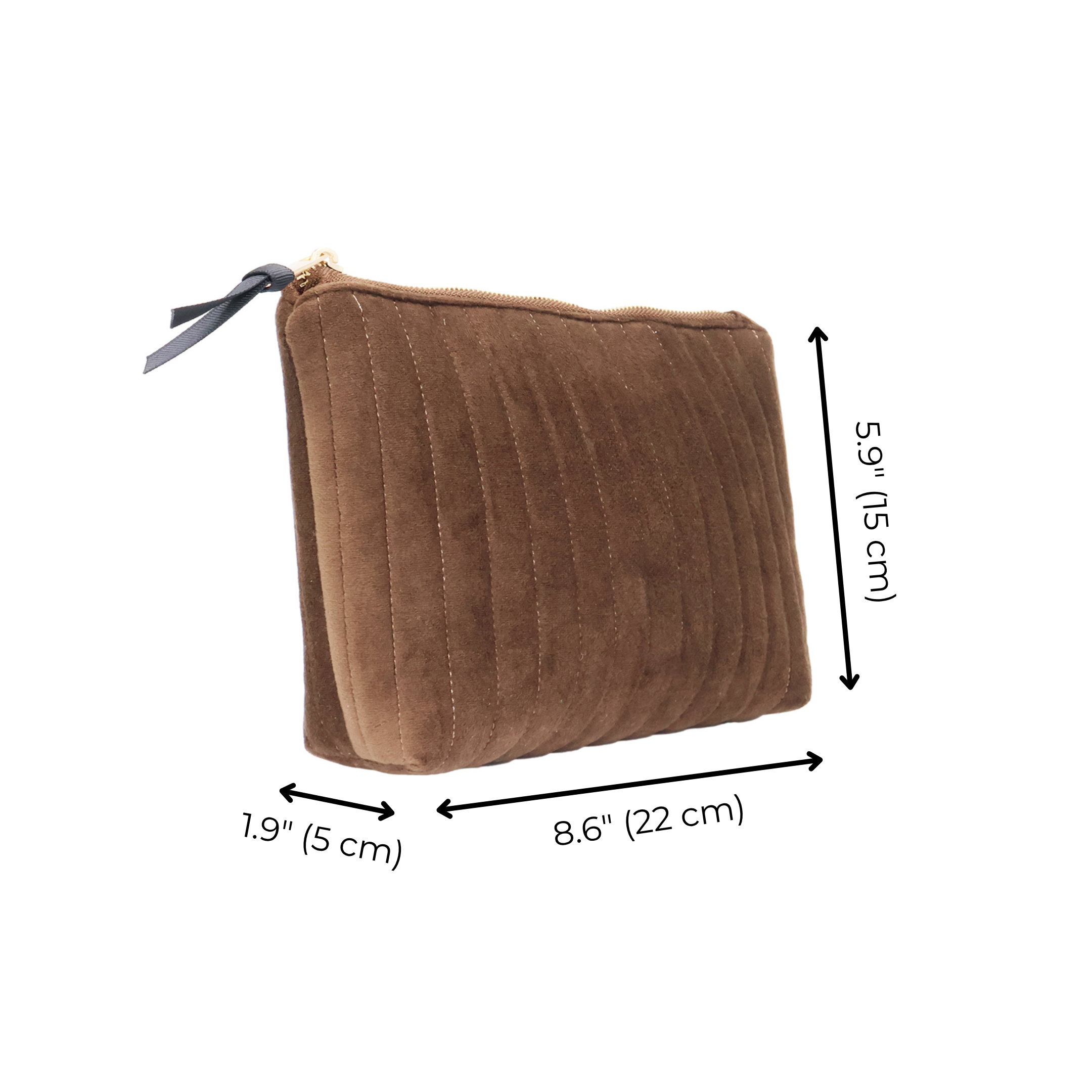 My Makeup Pouch, Coated Lining – Quilted Eco Velvet – Espresso Brown with gold zipper and black pull, designed by Bag-all for personalized travel organization.