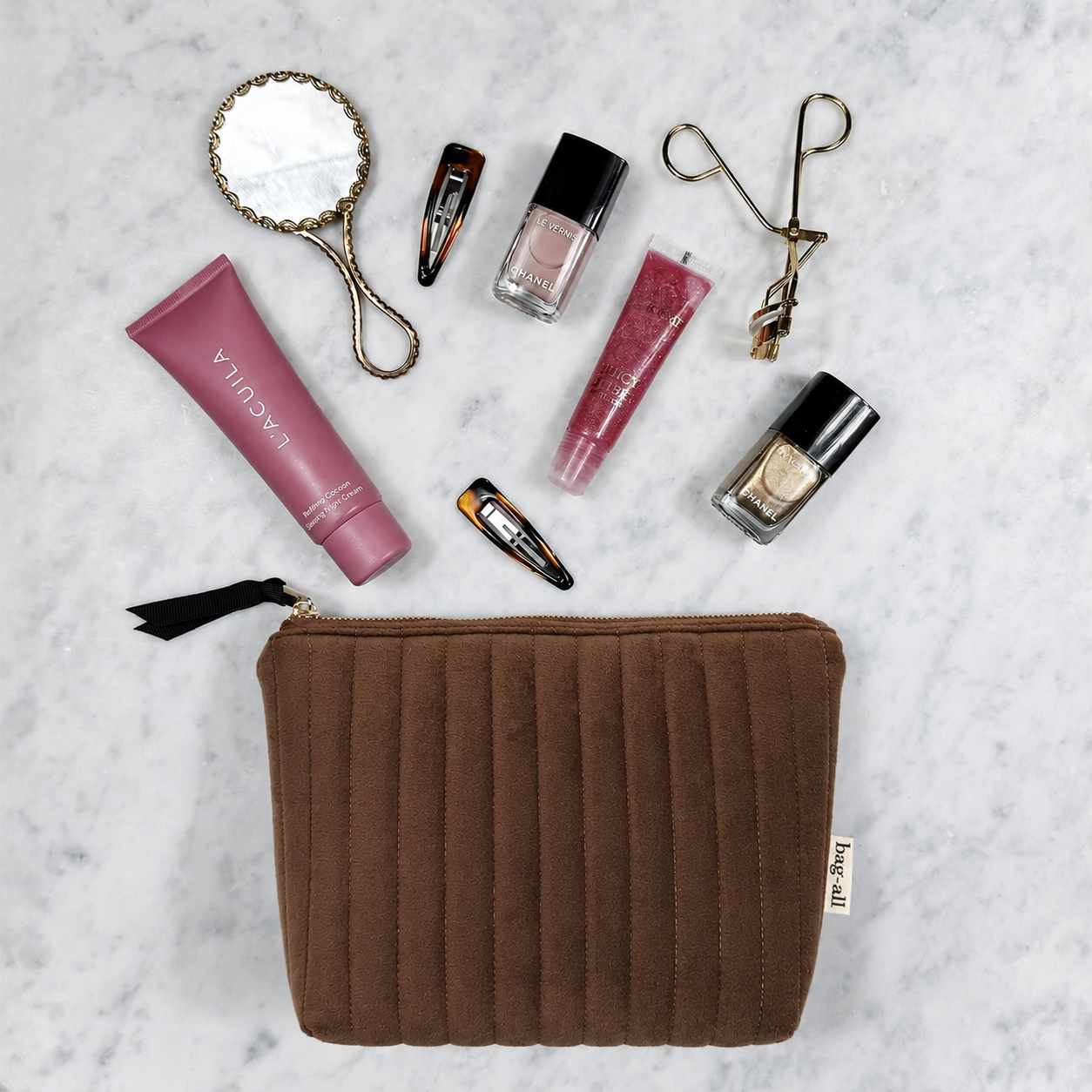 My Makeup Pouch, Coated Lining – Quilted Eco Velvet – Espresso Brown with gold zipper and soft texture, perfect for personalized travel organization by Bag-all.