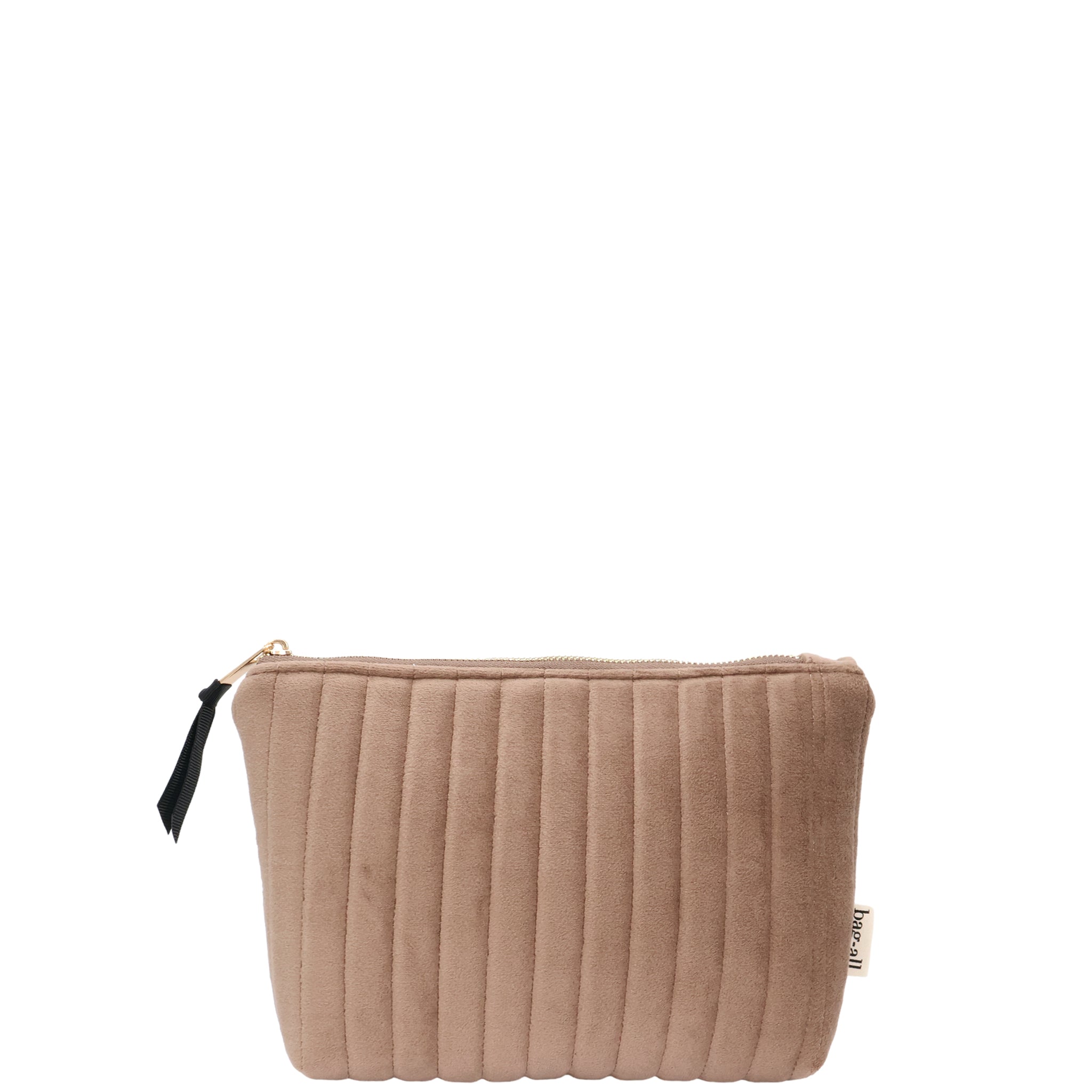 My Makeup Pouch, Coated Lining – Quilted Eco Velvet – Latte Taupe with gold zipper and black pull, crafted for personalized travel organization by Bag-all.
