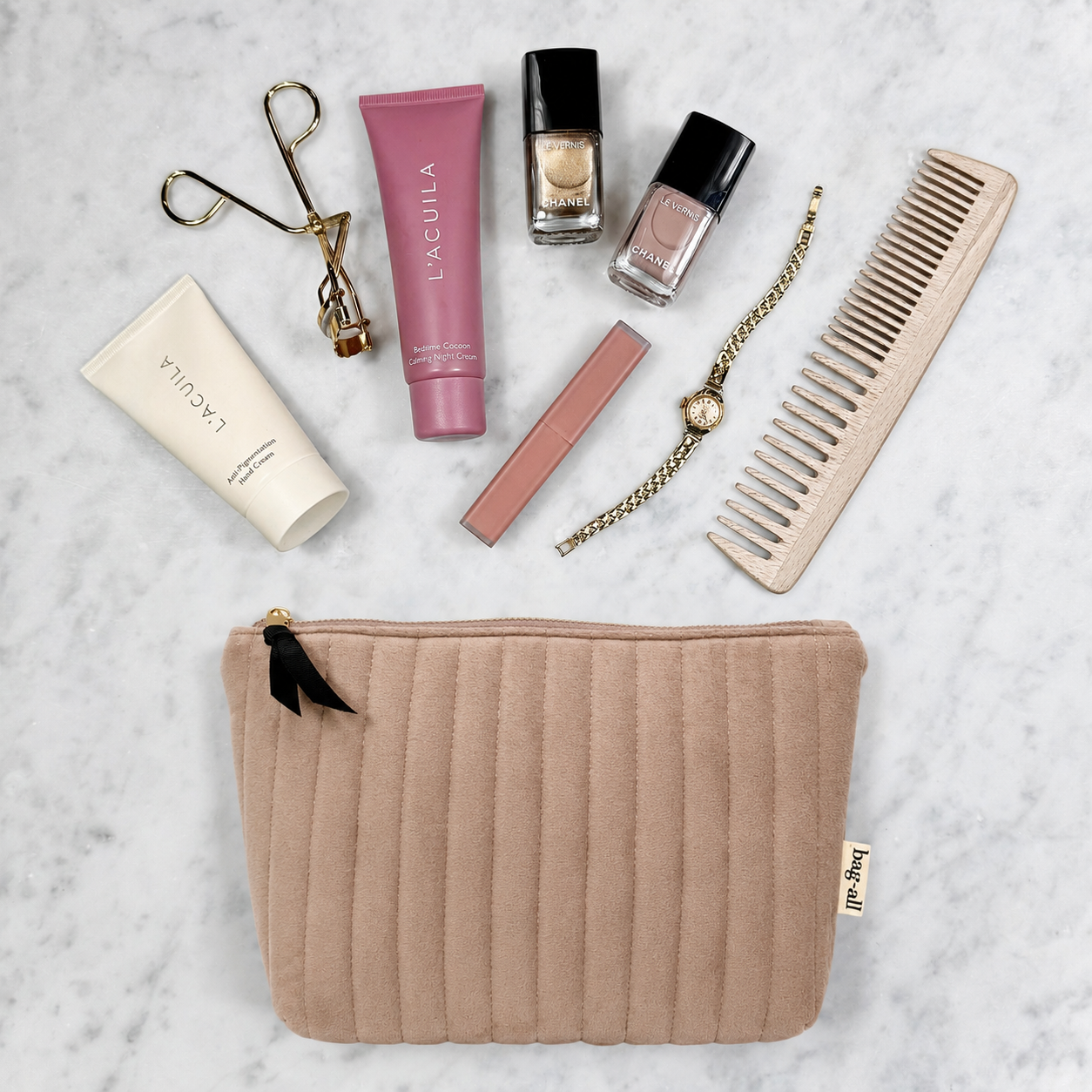 My Makeup Pouch, Coated Lining – Quilted Eco Velvet – Latte Taupe with gold zipper and black grosgrain ribbon, ideal for personalized travel organization by Bag-all.
