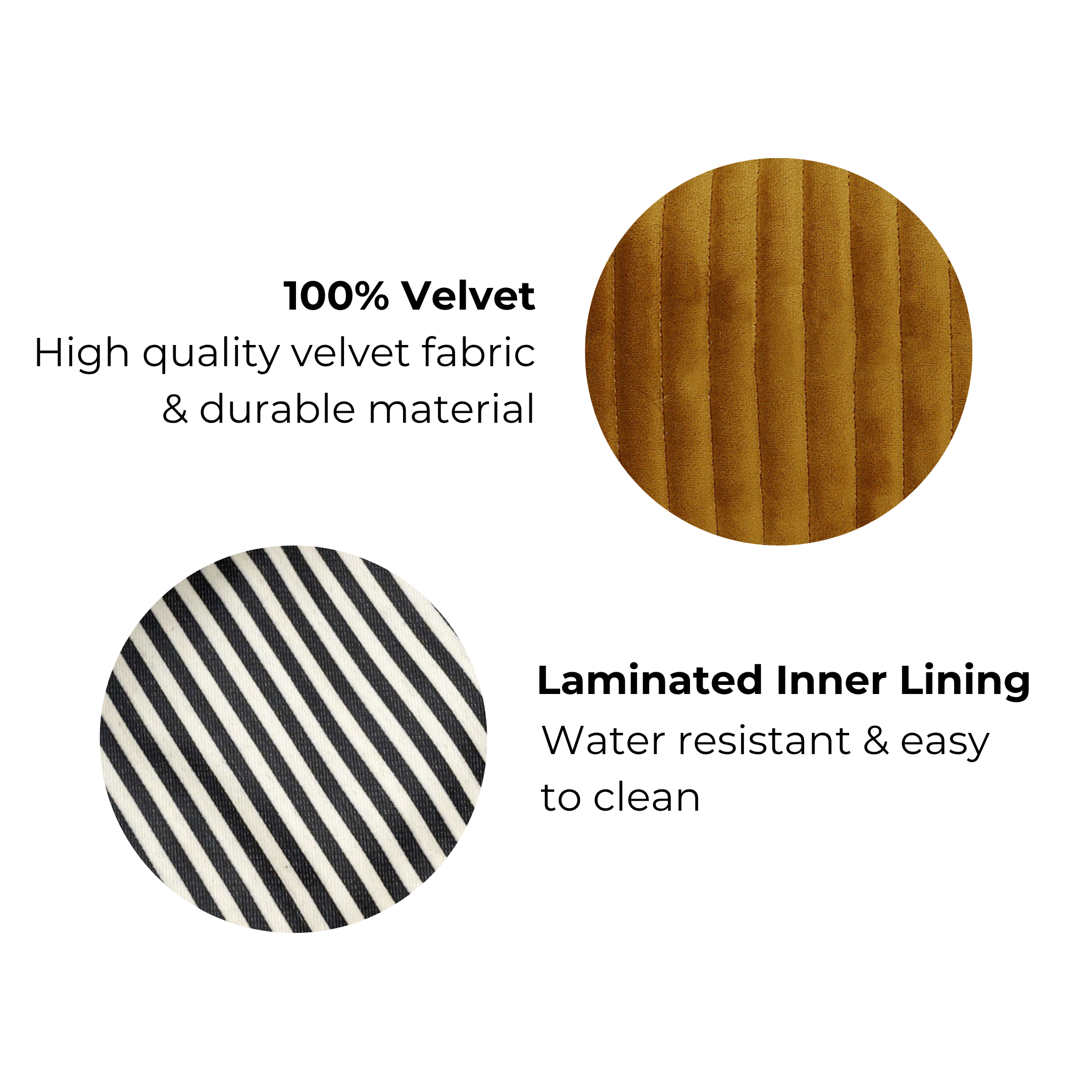 Close-up of Bag-all quilted yellow velvet fabric and striped laminated inner lining for makeup pouch durability and water resistance