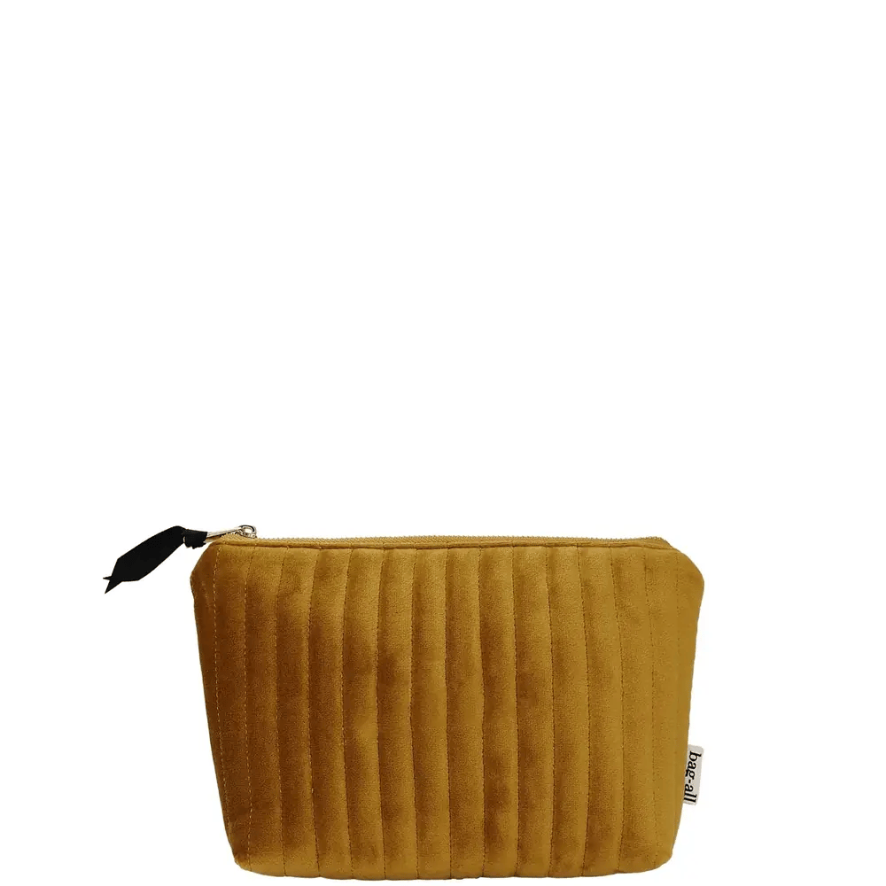quilted yellow velvet makeup pouch with coated lining by Bag-all, lightweight and spill-resistant for easy organizing