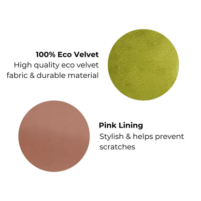 Bag-all green velvet earbuds case with pink lining, eco-friendly material showcasing luxurious velvet texture and protective design for AirPods and earbuds storage with gold clasp