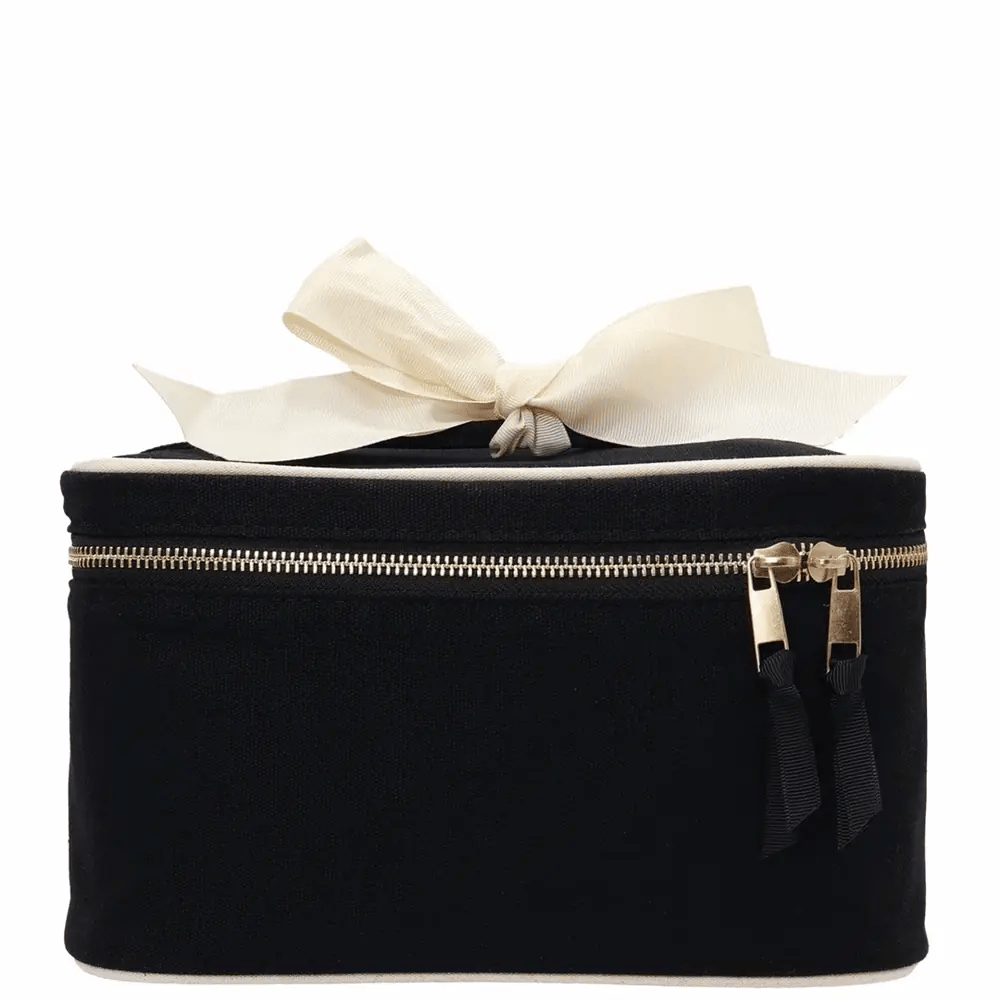 Bag-all Medium Box Makeup & Toiletry with Insert Organizer – Black zippered case with ribbon detail