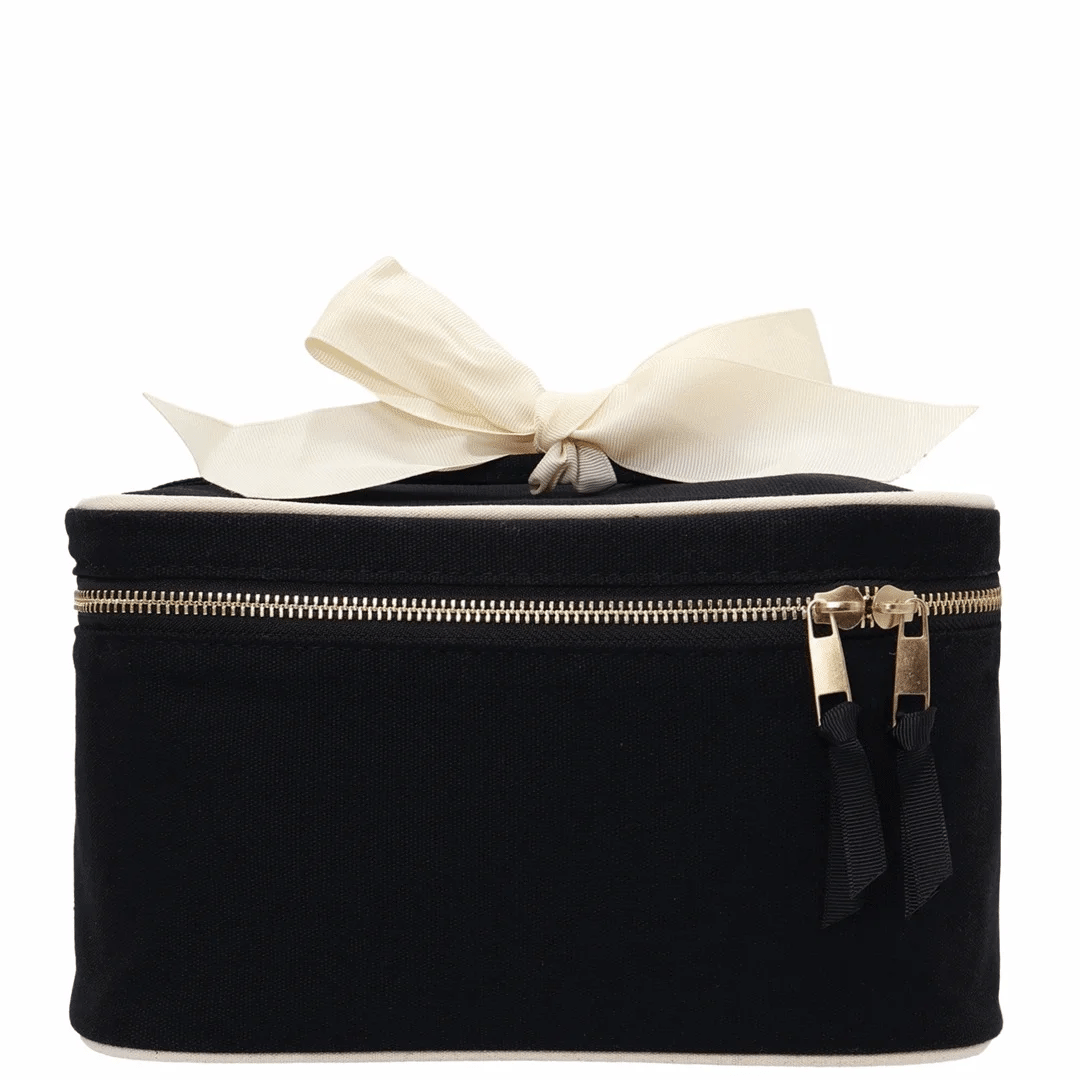 Bag-all Medium Box Makeup & Toiletry with Insert Organizer – Black zippered case with ribbon detail