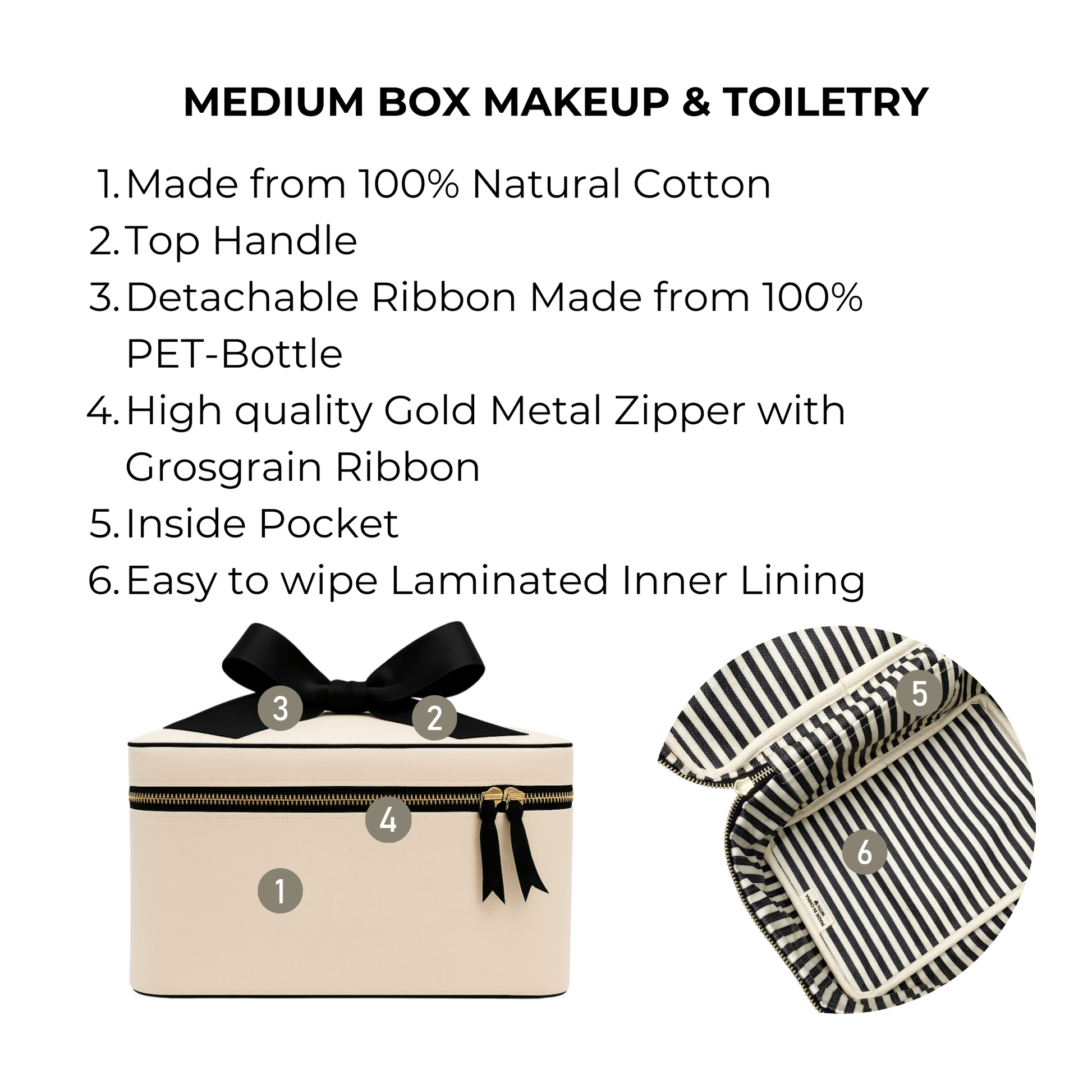 Cream Bag-all medium box makeup and toiletry case with gold zipper, ribbon handle, and striped interior pocket lining