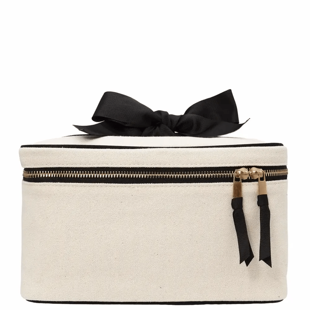 Bag-all Medium Box Makeup & Toiletry with Insert Organizer – Cream travel organizer with black bow for frequent travelers