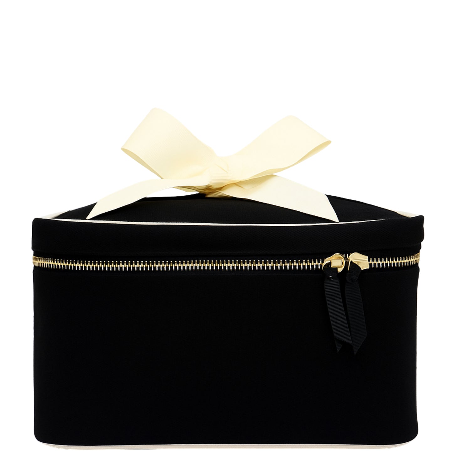 Black Bag-all medium box makeup and toiletry case with gold zipper and cream bow on top on white background