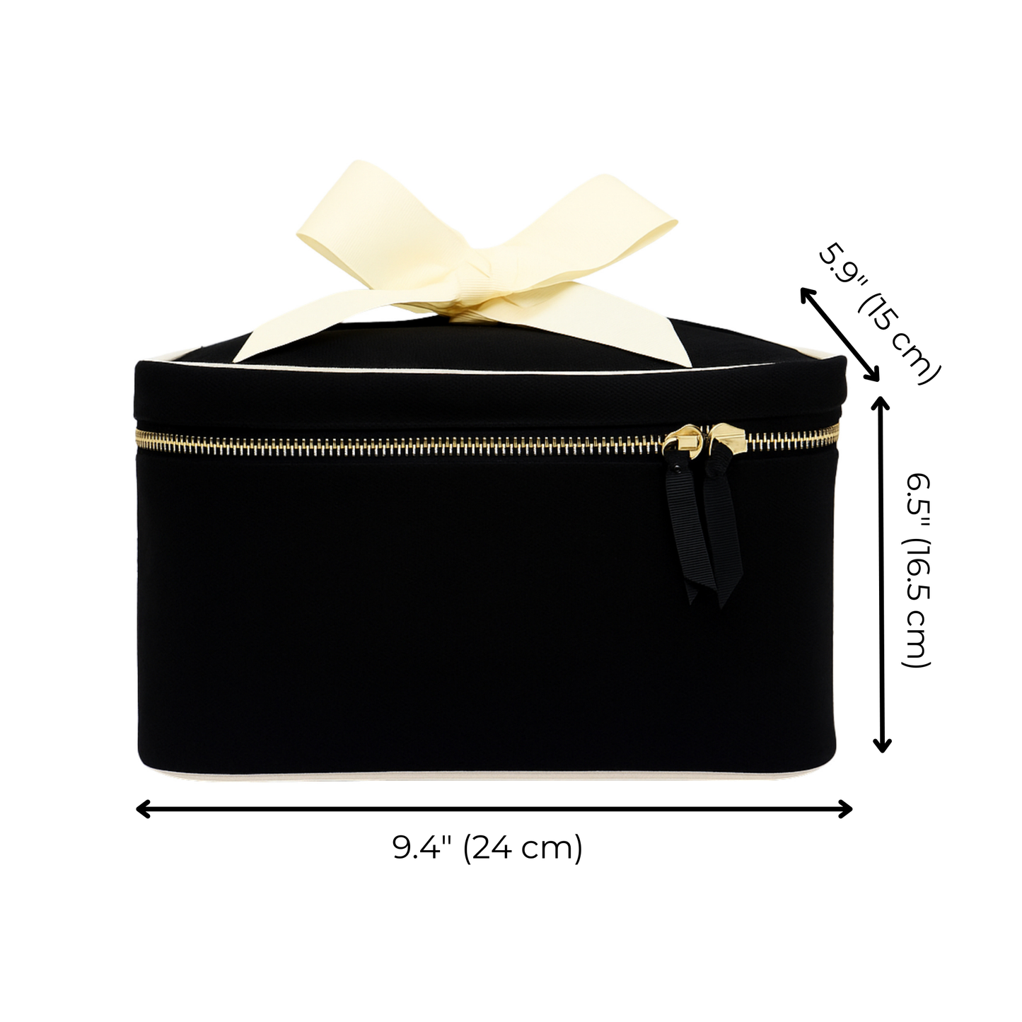 Black Bag-all medium box makeup and toiletry case with gold zipper and cream bow on white background with dimensions