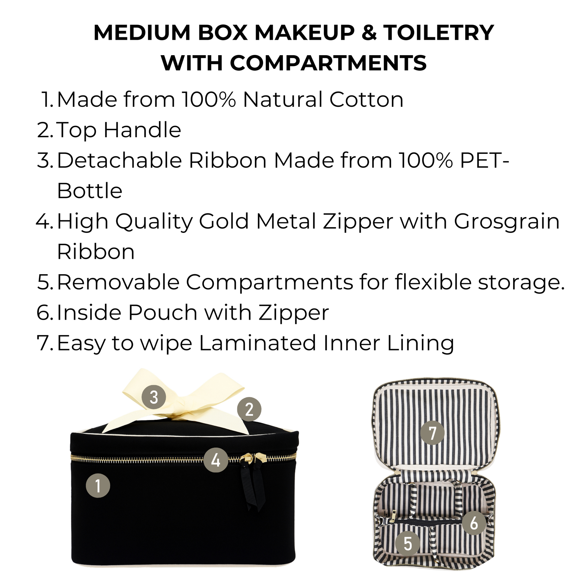 Black Bag-all medium box makeup and toiletry case with compartments and striped laminated lining inside organizer