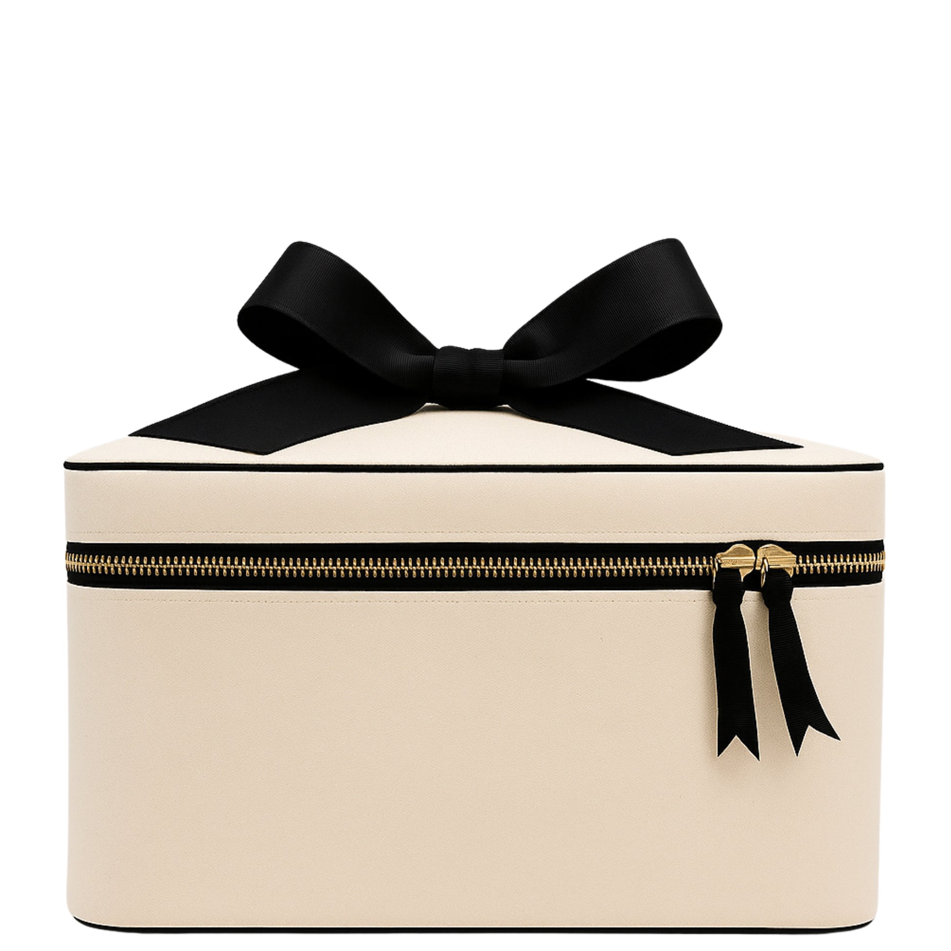 Cream Bag-all medium box makeup and toiletry case with black ribbon bow and gold zipper on white background