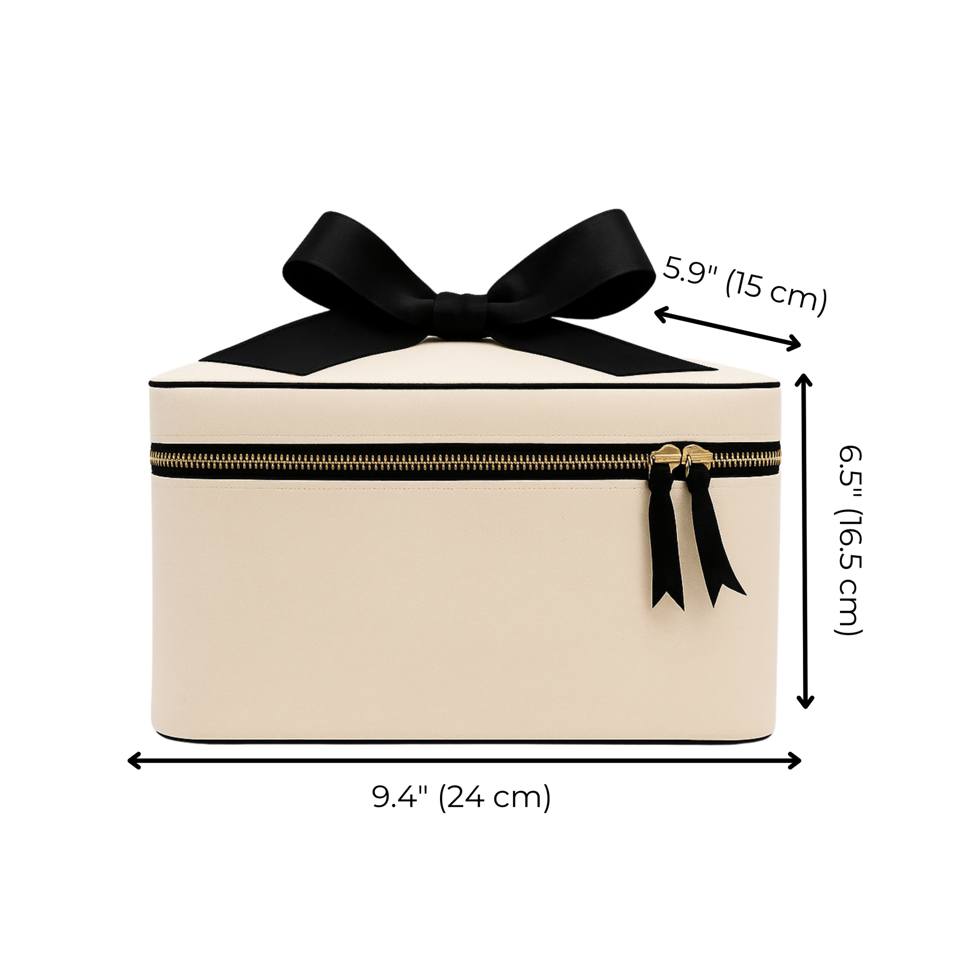 Cream Bag-all medium box makeup and toiletry case with black bow and gold zipper on white background
