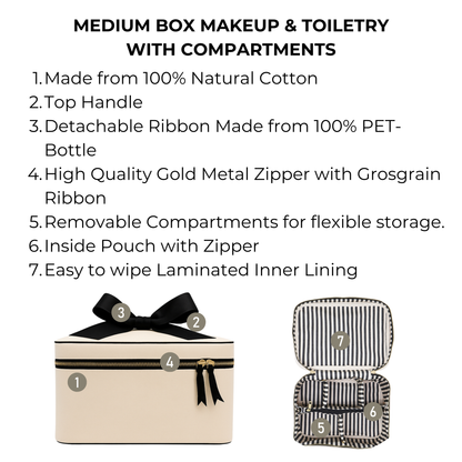 Cream Bag-all medium box makeup and toiletry case with gold zipper and removable compartments inside