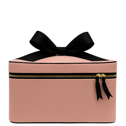 Pink Blush Bag-all medium box makeup and toiletry case with gold zipper and black bow on white background