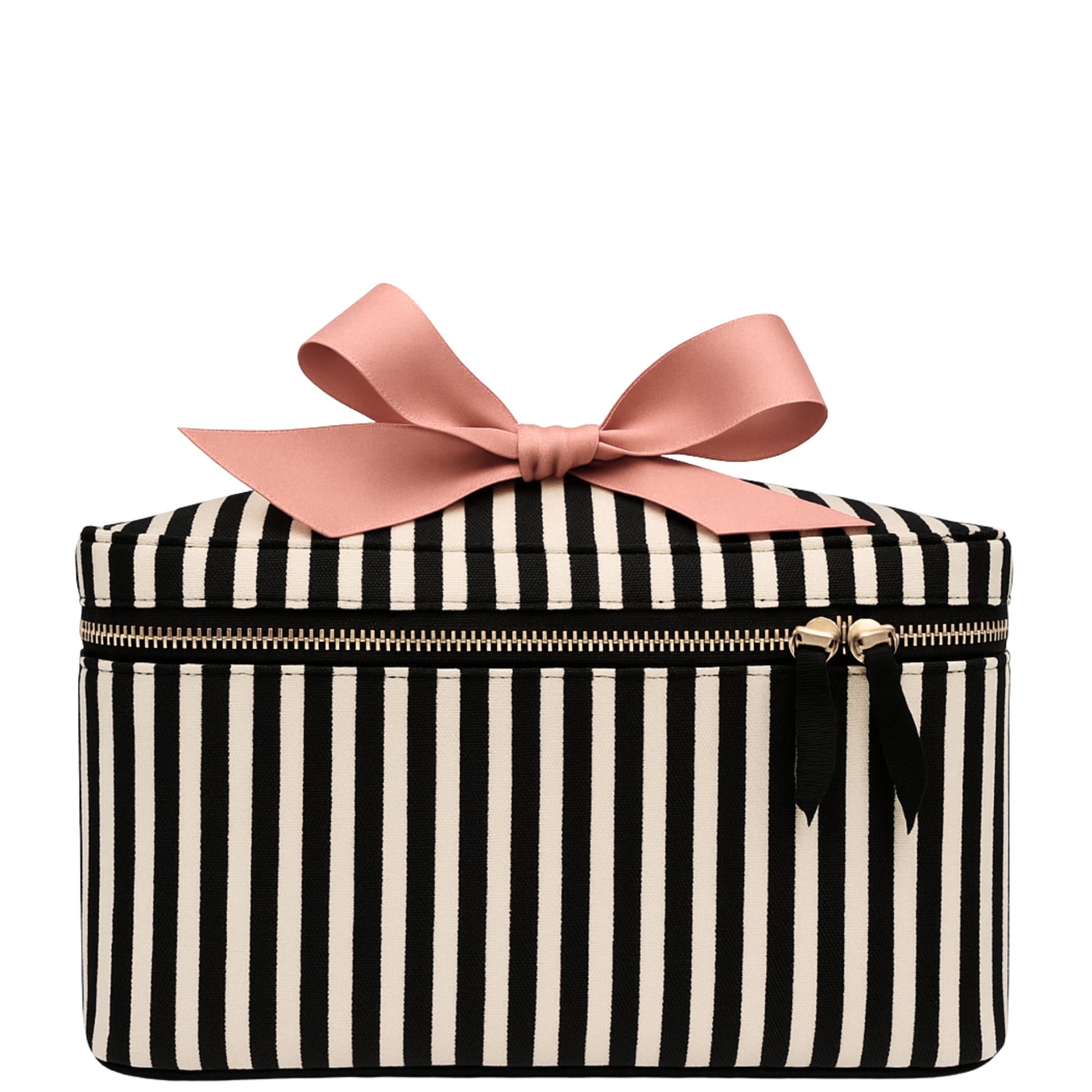 Bag-all Medium Box makeup and toiletry case in black and white stripes with pink bow and gold zipper on white background