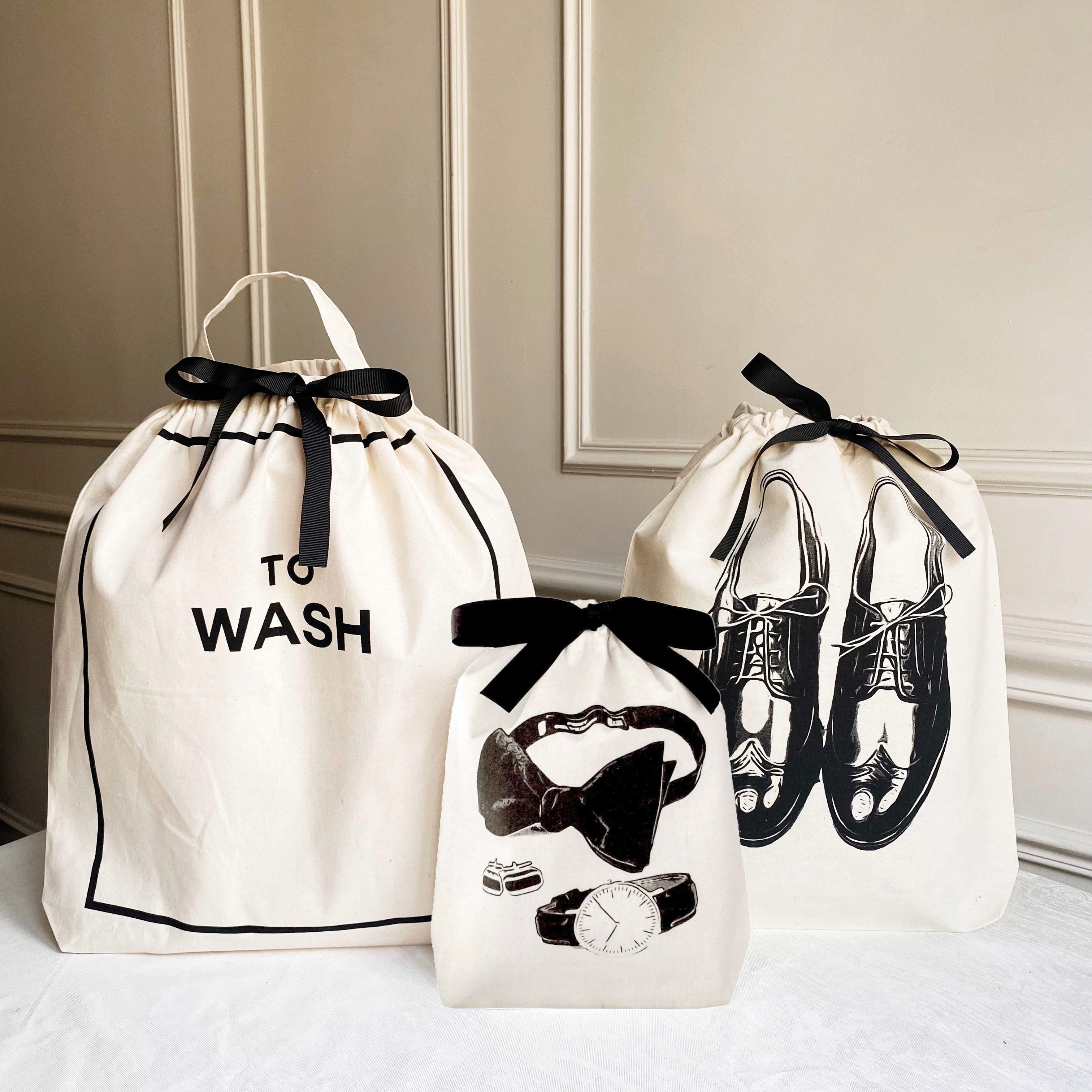 Bag-all Deal Gift Set His Favorites 3-pack featuring white cotton organizer bags with black ribbon - To Wash laundry bag, mens shoe bag, and accessories bag with classic prints
