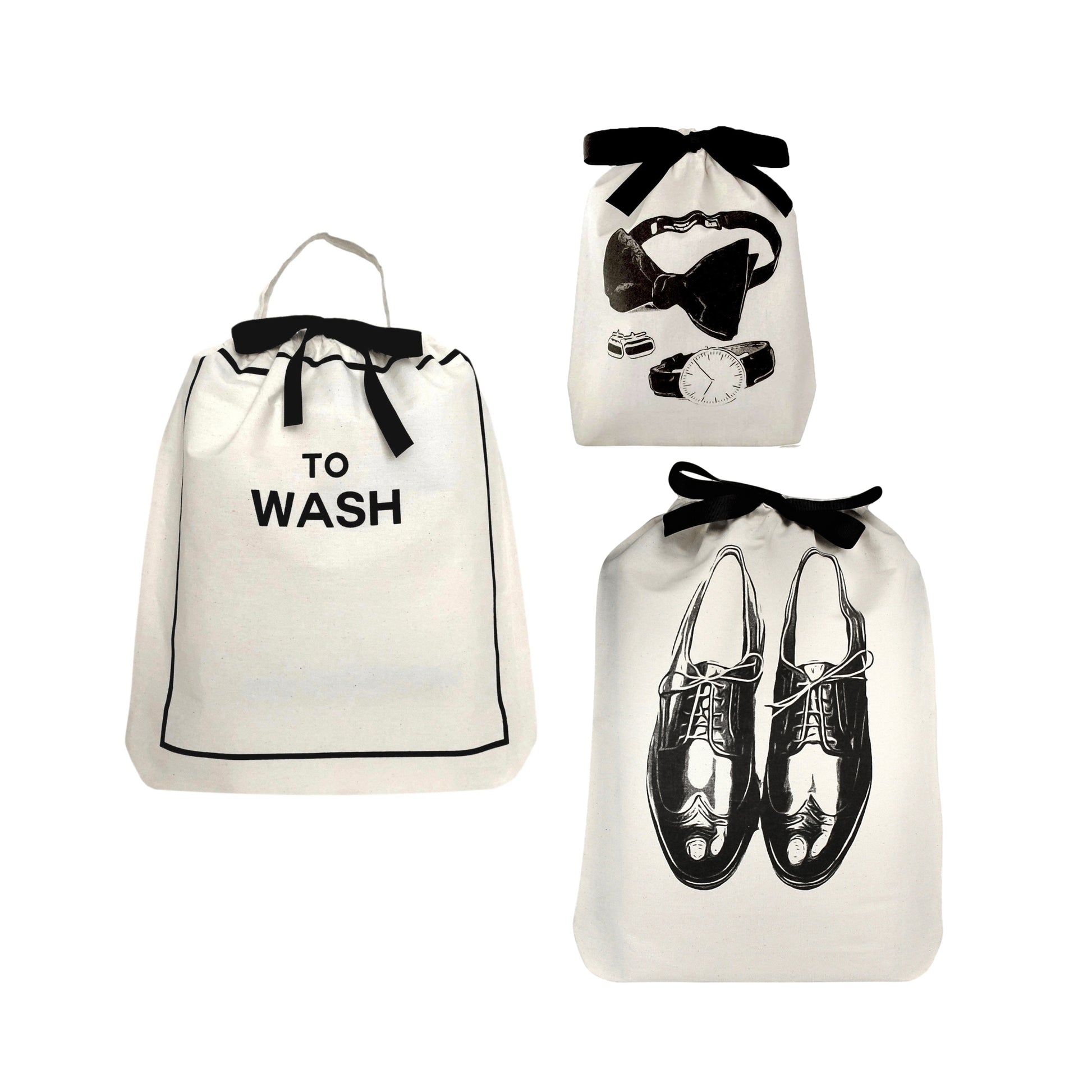Bag-all Deal Gift Set His Favorites 3-pack: white cotton organizing bags featuring laundry, shoe, and accessories prints with black ribbon closures