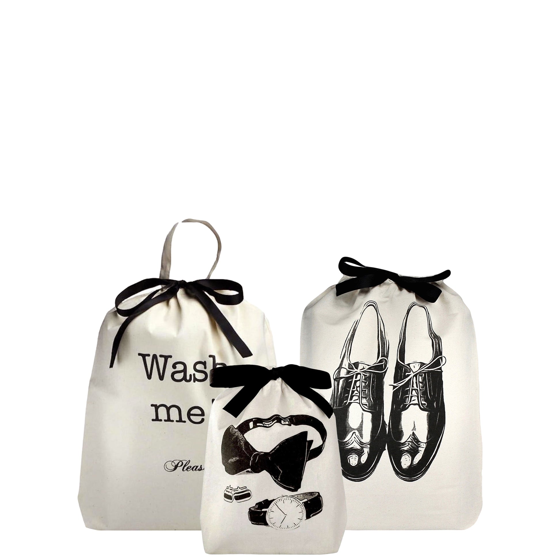 Bag-all Men's Travel Set 3-pack in Cream featuring laundry bag, shoe bag, and accessories bag with black ribbon ties and stylish monochrome prints for organized travel