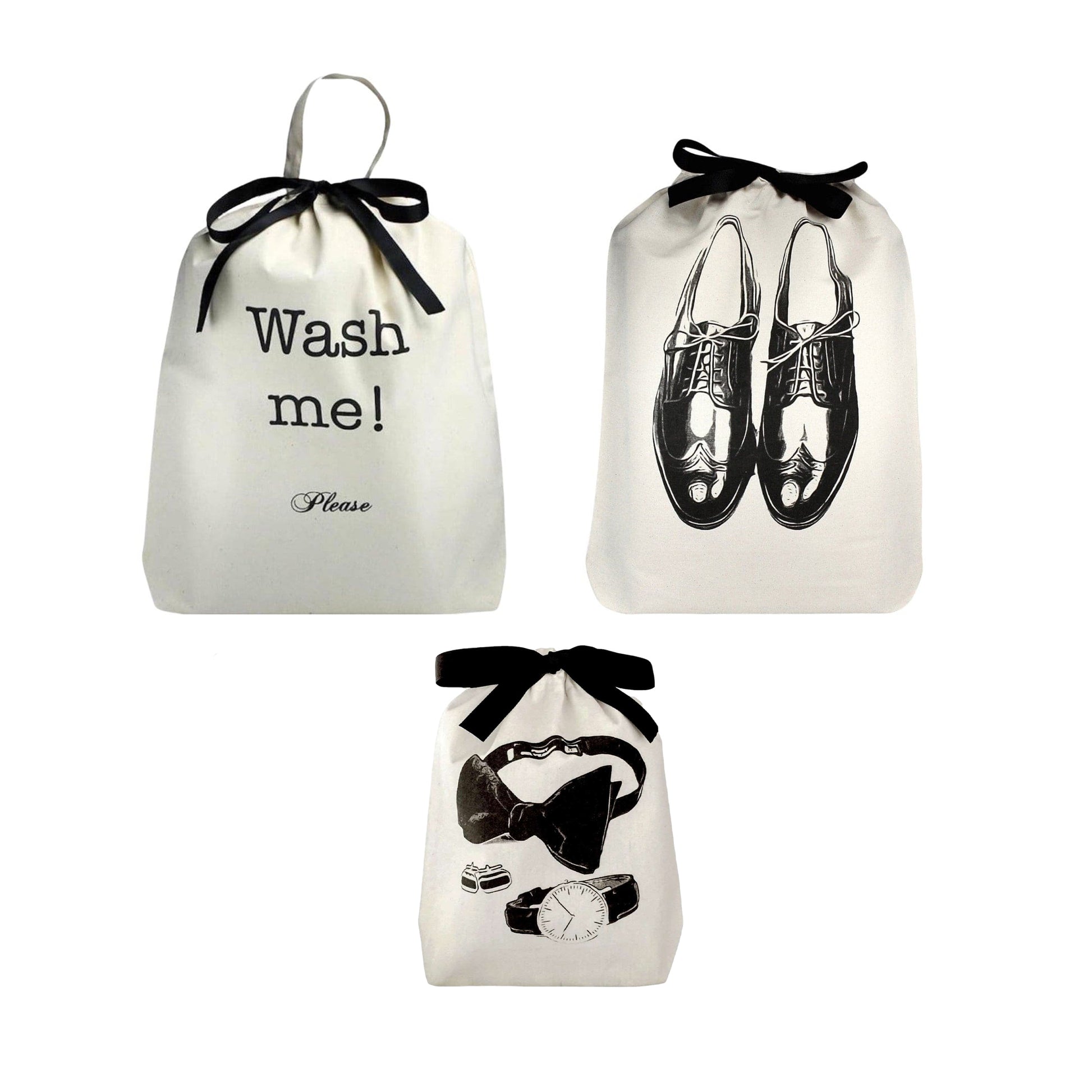 Bag-all Men's Travel Set 3-pack in cream featuring laundry bag with 'Wash me!' text, shoe bag with oxford design, and accessories bag with travel essentials illustration, all with black ribbon ties