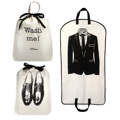 Bag-all Men's Travel Set 3-pack in Cream featuring laundry bag, shoe bag, and garment bag with black ribbon ties and stylish monochrome prints for organized travel