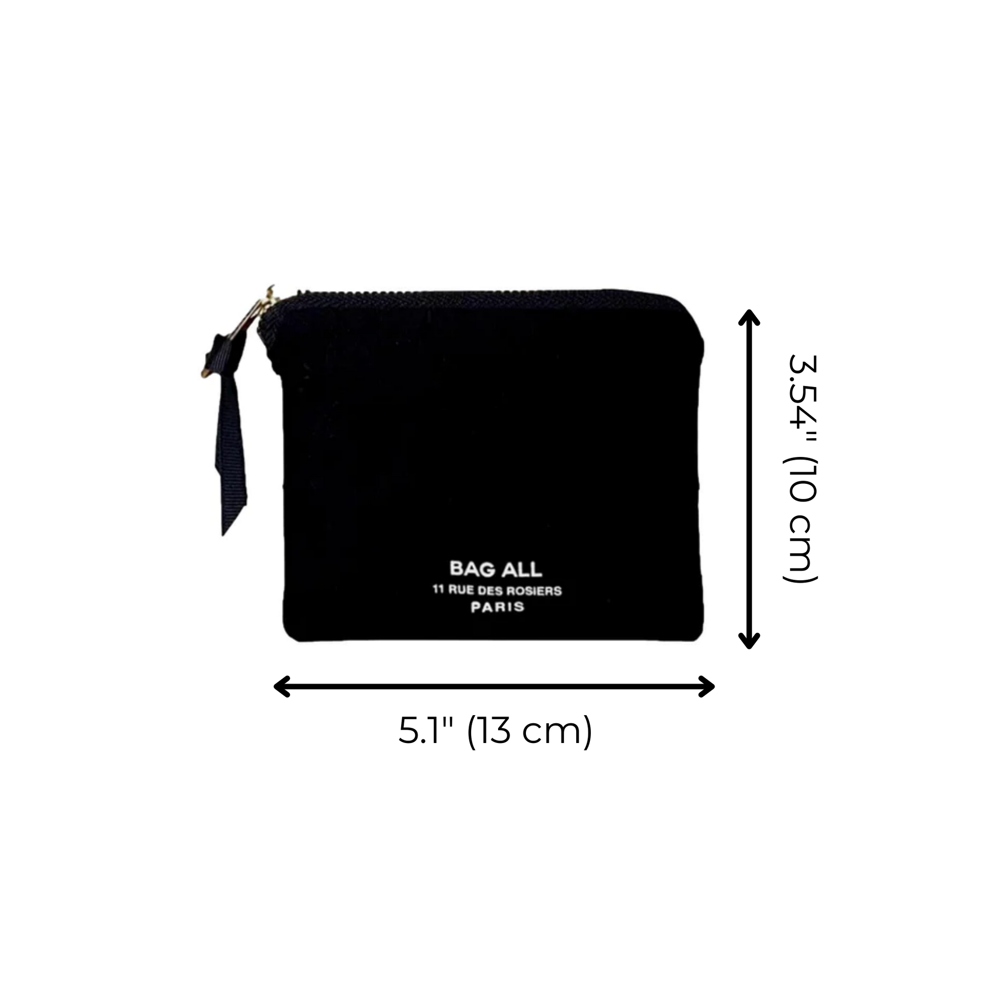 Bag-all Mini Trinket Pouch in classic black velvet with zipper closure, measuring 5.1 x 3.54 inches, perfect for organizing small essentials and accessories
