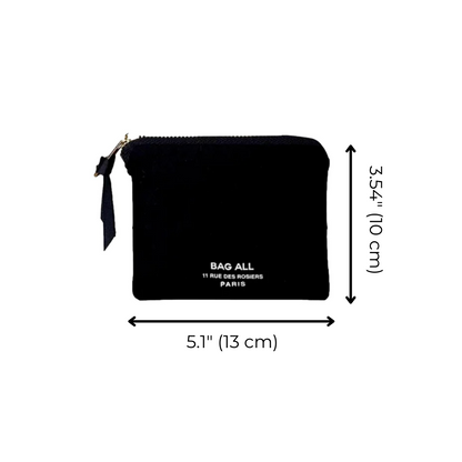 Bag-all Mini Trinket Pouch in classic black velvet with zipper closure, measuring 5.1 x 3.54 inches, perfect for organizing small essentials and accessories