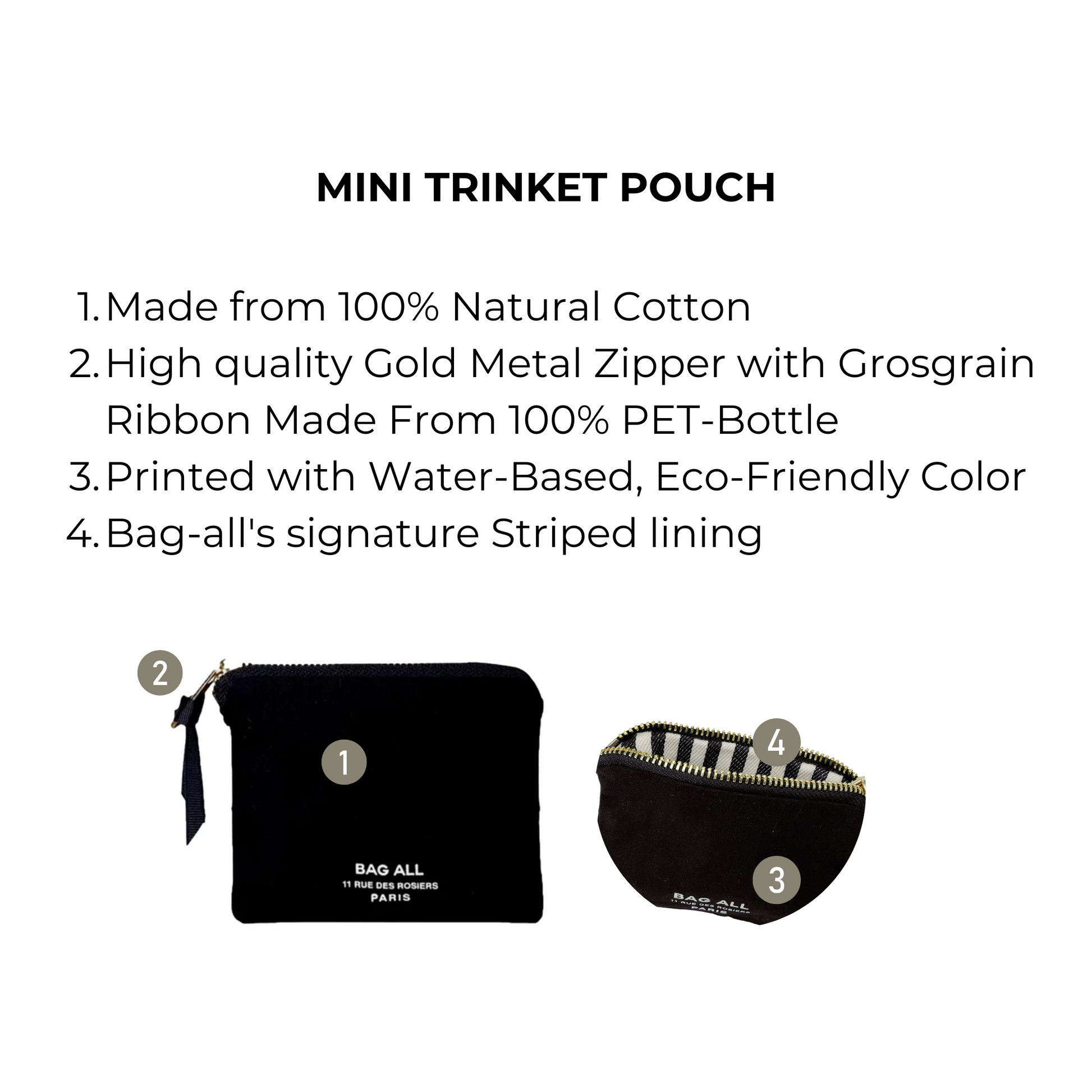 Bag-all Mini Trinket Pouch in Black with cotton construction, gold zipper, and striped lining - perfect for organizing small essentials and accessories