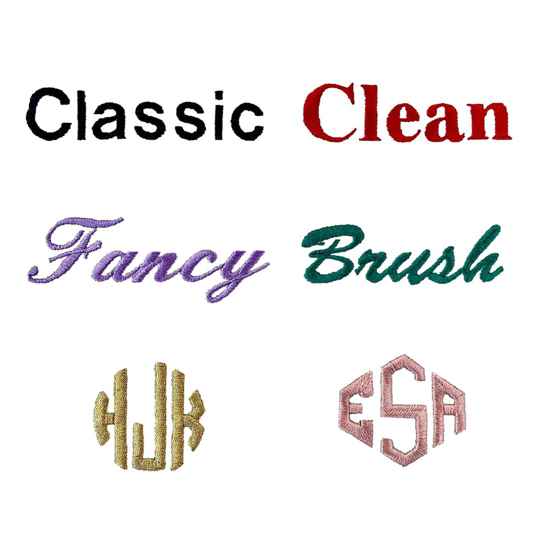 Bag-all monogram font options: Classic, Clean, Fancy, and Brush styles shown with sample initials in different colors including gold and pink monogram examples