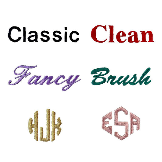 Bag-all monogram font options: Classic, Clean, Fancy, and Brush styles shown with sample initials in different colors including gold and pink monogram examples