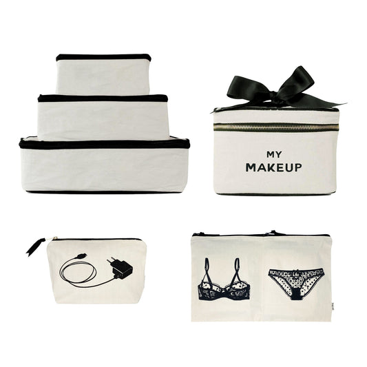 Bag-all Travel Glam 4-Pack: Cream cotton organizer set with packing cubes, lingerie pouch, makeup box with bow, and charger case for stylish travel organization