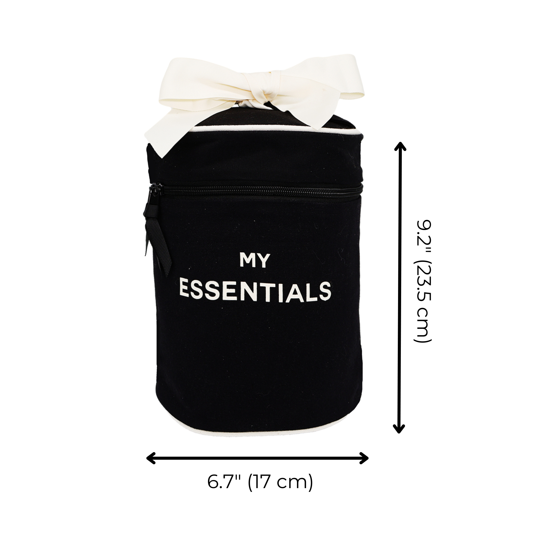 Bag-all Round My Essentials Case in black cotton with white bow, coated interior lining and size measurements 6.7" x 9.2". Perfect travel organizer for makeup and toiletries.