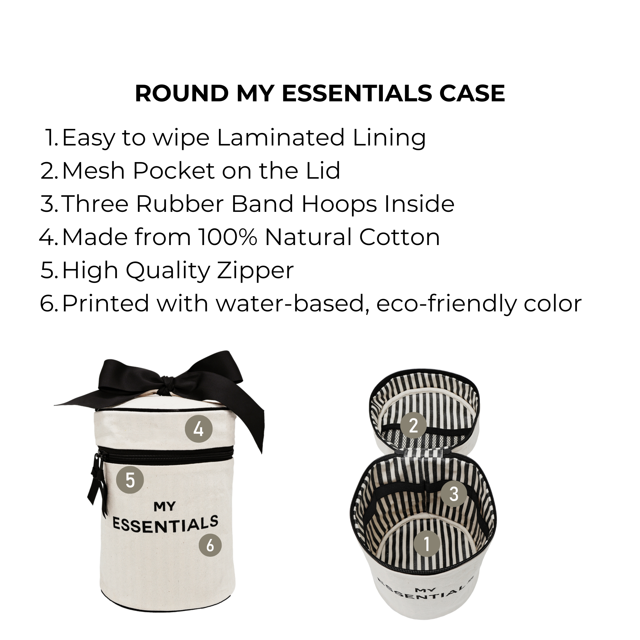 Bag-all Round My Essentials Case in cream with striped interior, featuring laminated lining, mesh pocket, rubber bands, and eco-friendly cotton construction for organized travel storage