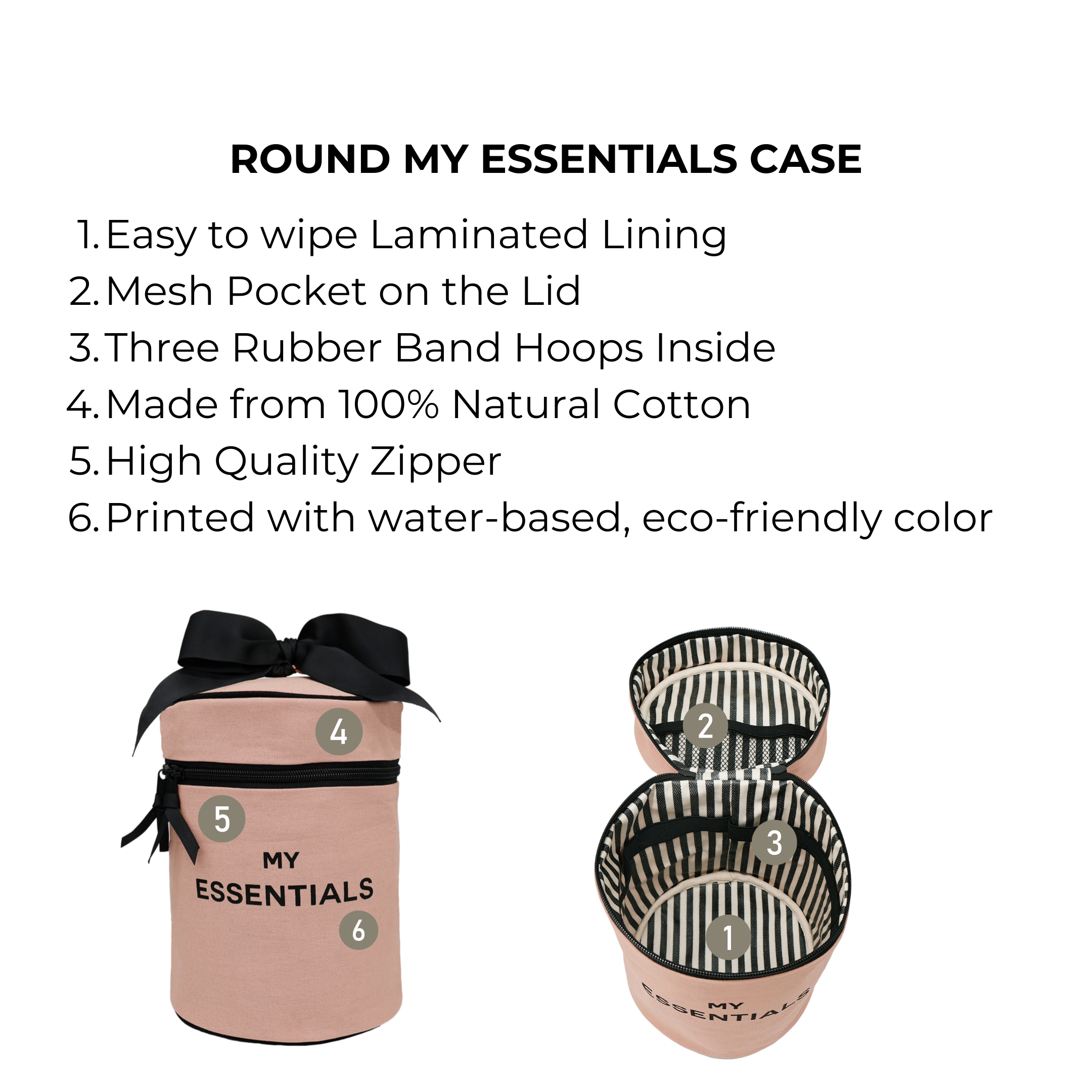 Bag-all Round My Essentials Case in pink/blush with striped interior, laminated lining, mesh pocket, and rubber bands. 100% cotton travel organizer for cosmetics and toiletries.