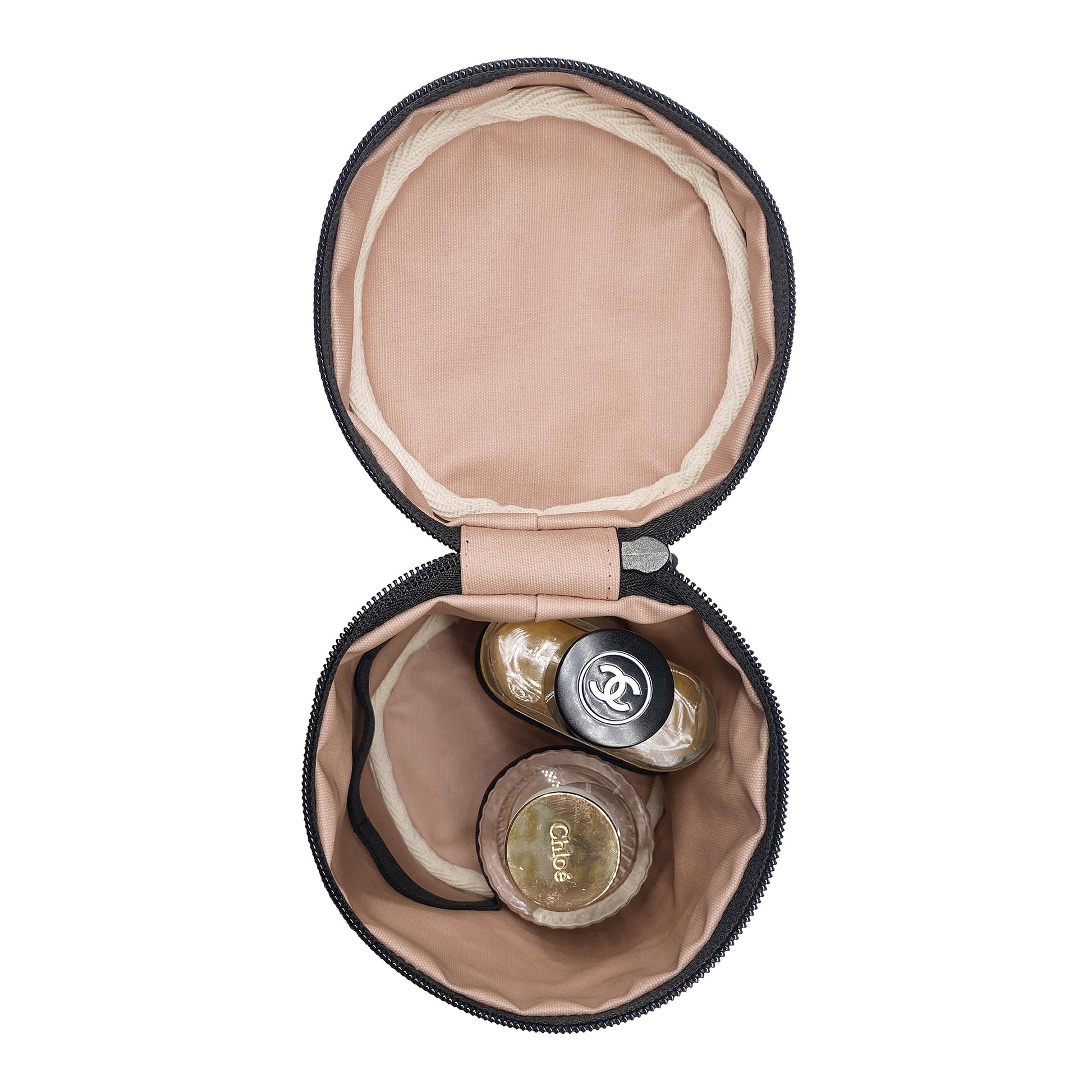 Bag-all Round My Scents Case, Striped - Circular organizing case with beige interior lining and elastic bands holding perfume bottles, showcasing practical storage design
