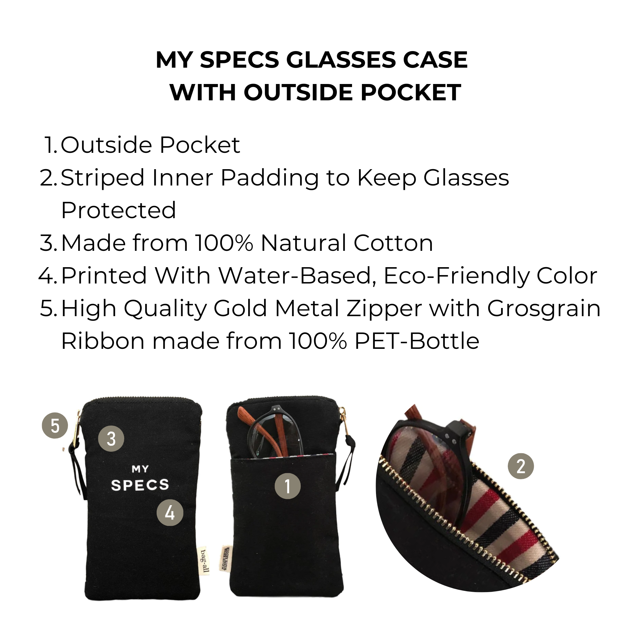 My Specs Glasses Case with Outside Pocket, Black - Bag-all