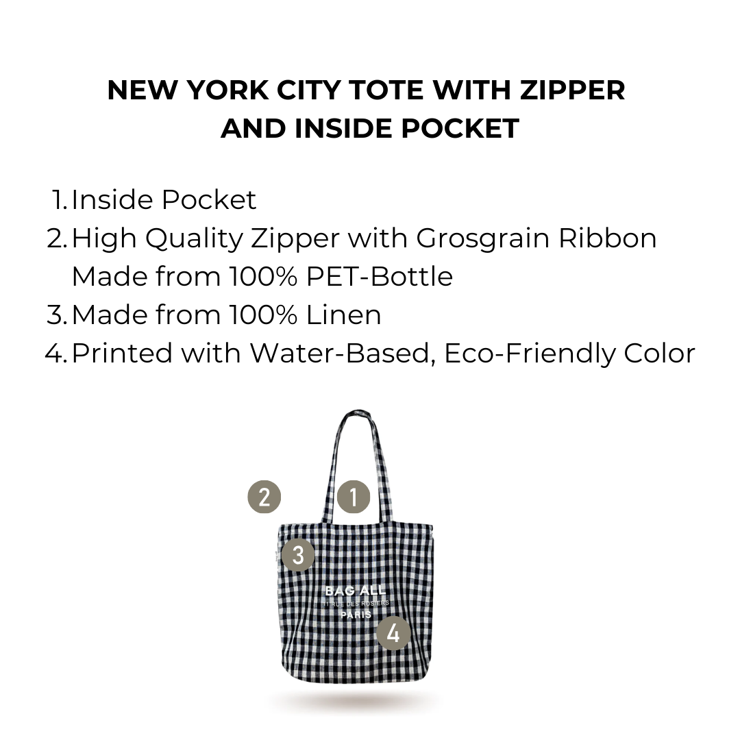 Bag-all New York City Tote in black and white gingham linen featuring secure zipper closure, interior pocket, eco-friendly construction, perfect for daily urban adventures